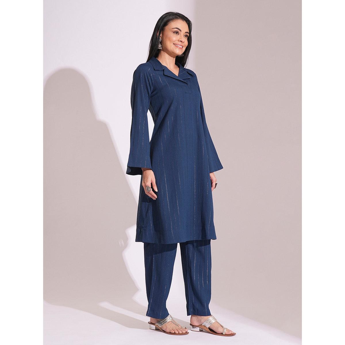 Globus X Styli Blue Shimmer Woven Design Kurta and Straight Pants Workwear Set-women-clothing-ethnicwear-kurtasets-image-2
