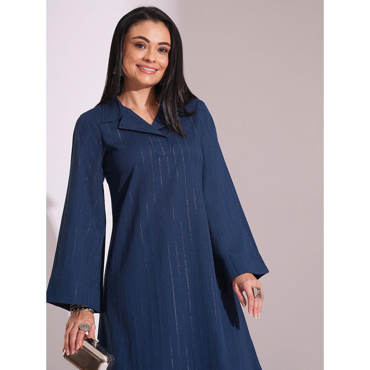 Globus X Styli Blue Shimmer Woven Design Kurta and Straight Pants Workwear Set-women-clothing-ethnicwear-kurtasets-image-6