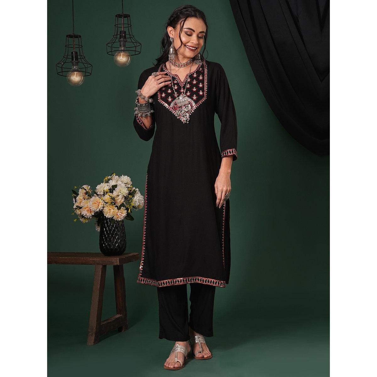 Globus X Styli Black Sequined Embroidered Yoke Kurta and Pants Set-women-clothing-ethnicwear-kurtasets-image-1