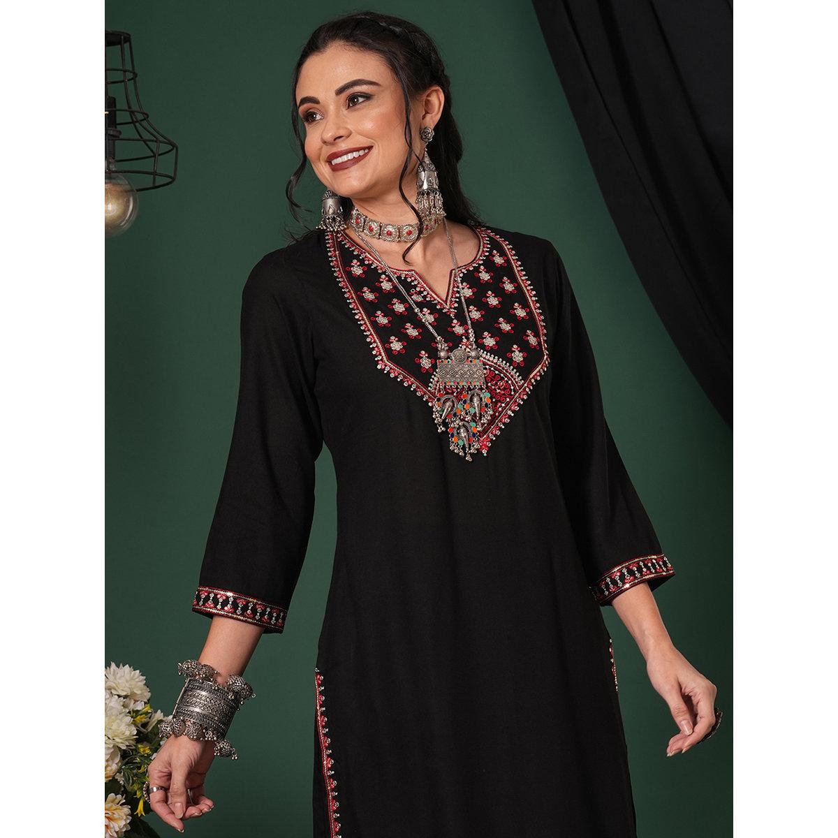Globus X Styli Black Sequined Embroidered Yoke Kurta and Pants Set-women-clothing-ethnicwear-kurtasets-image-6