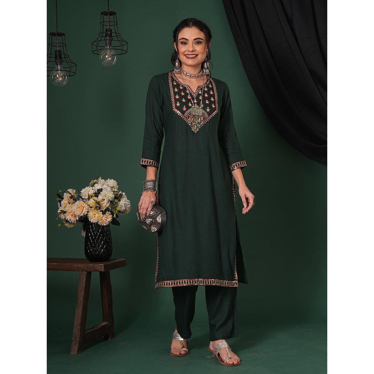 Globus X Styli Dark Green Sequined Embroidered Yoke Kurta and Pants Set-women-clothing-ethnicwear-kurtasets-image-1