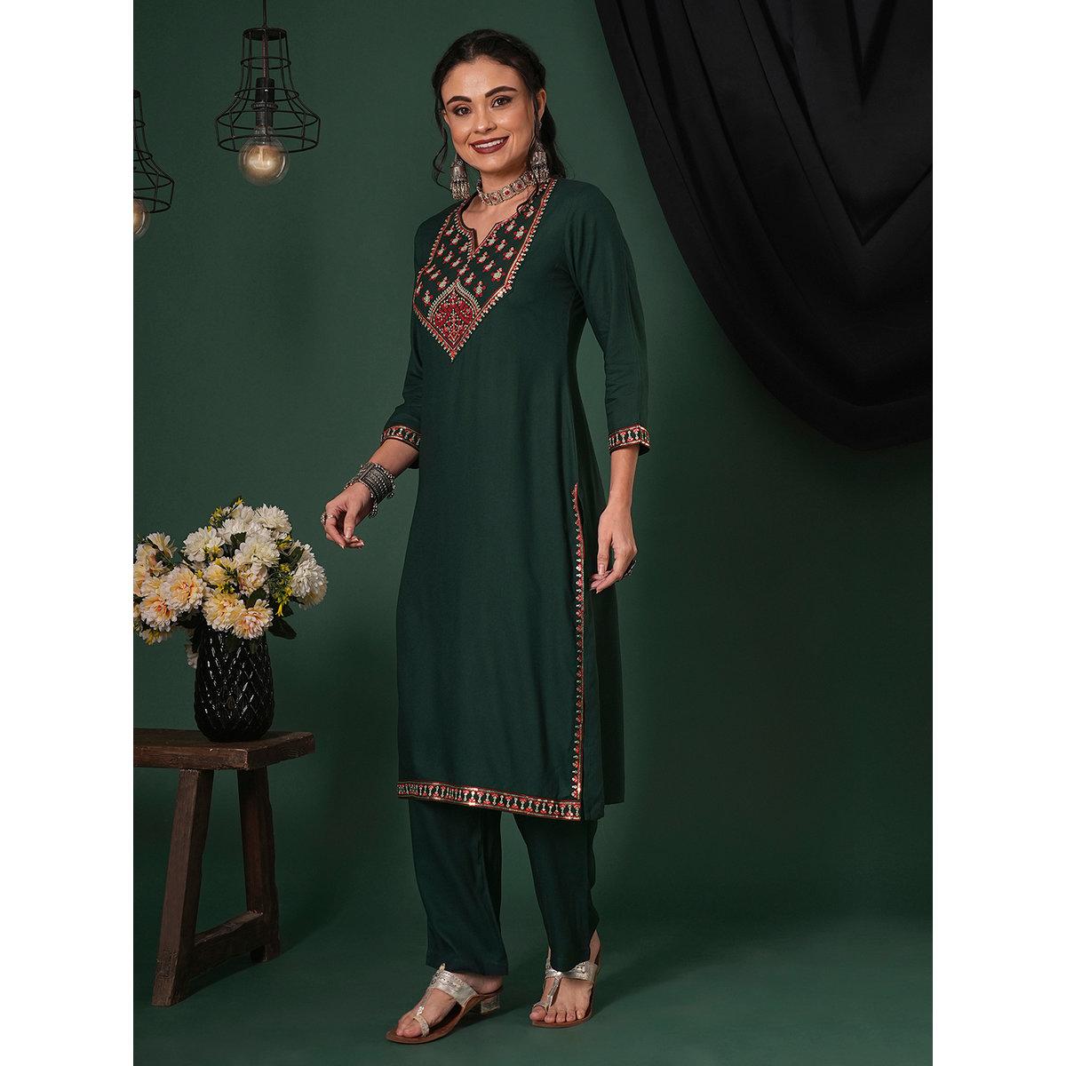 Globus X Styli Dark Green Sequined Embroidered Yoke Kurta and Pants Set-women-clothing-ethnicwear-kurtasets-image-2
