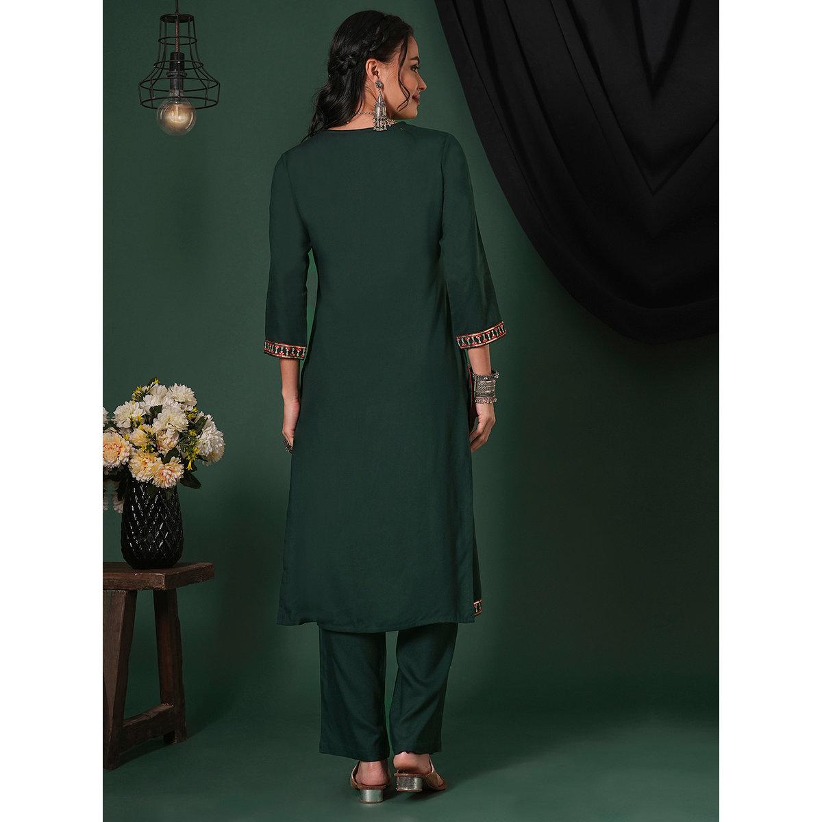 Globus X Styli Dark Green Sequined Embroidered Yoke Kurta and Pants Set-women-clothing-ethnicwear-kurtasets-image-3