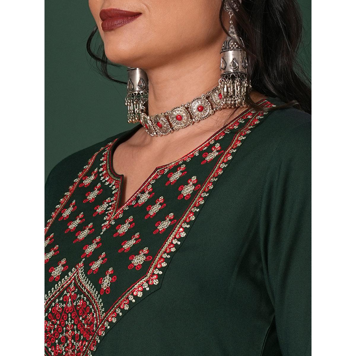 Globus X Styli Dark Green Sequined Embroidered Yoke Kurta and Pants Set-women-clothing-ethnicwear-kurtasets-image-4