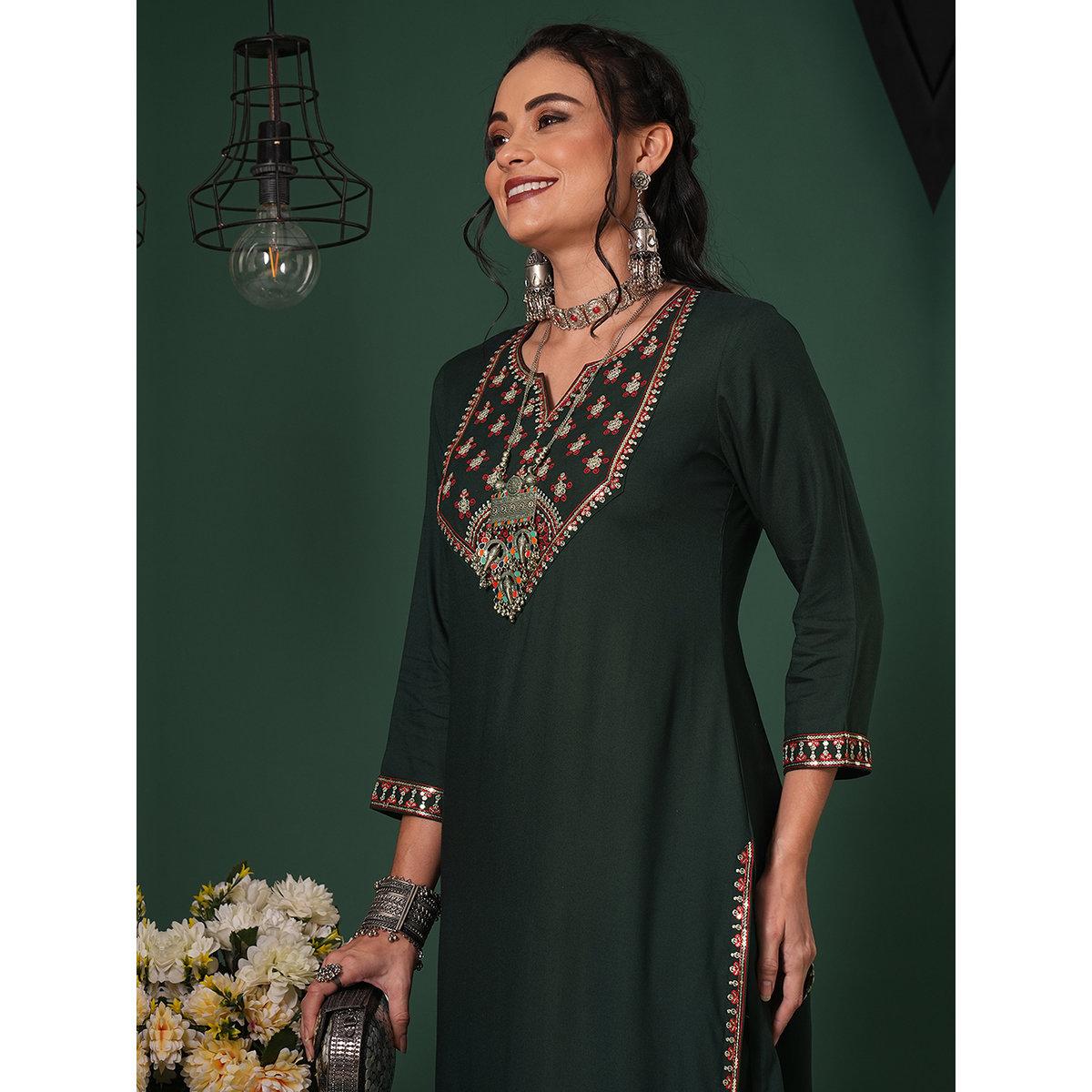 Globus X Styli Dark Green Sequined Embroidered Yoke Kurta and Pants Set-women-clothing-ethnicwear-kurtasets-image-6