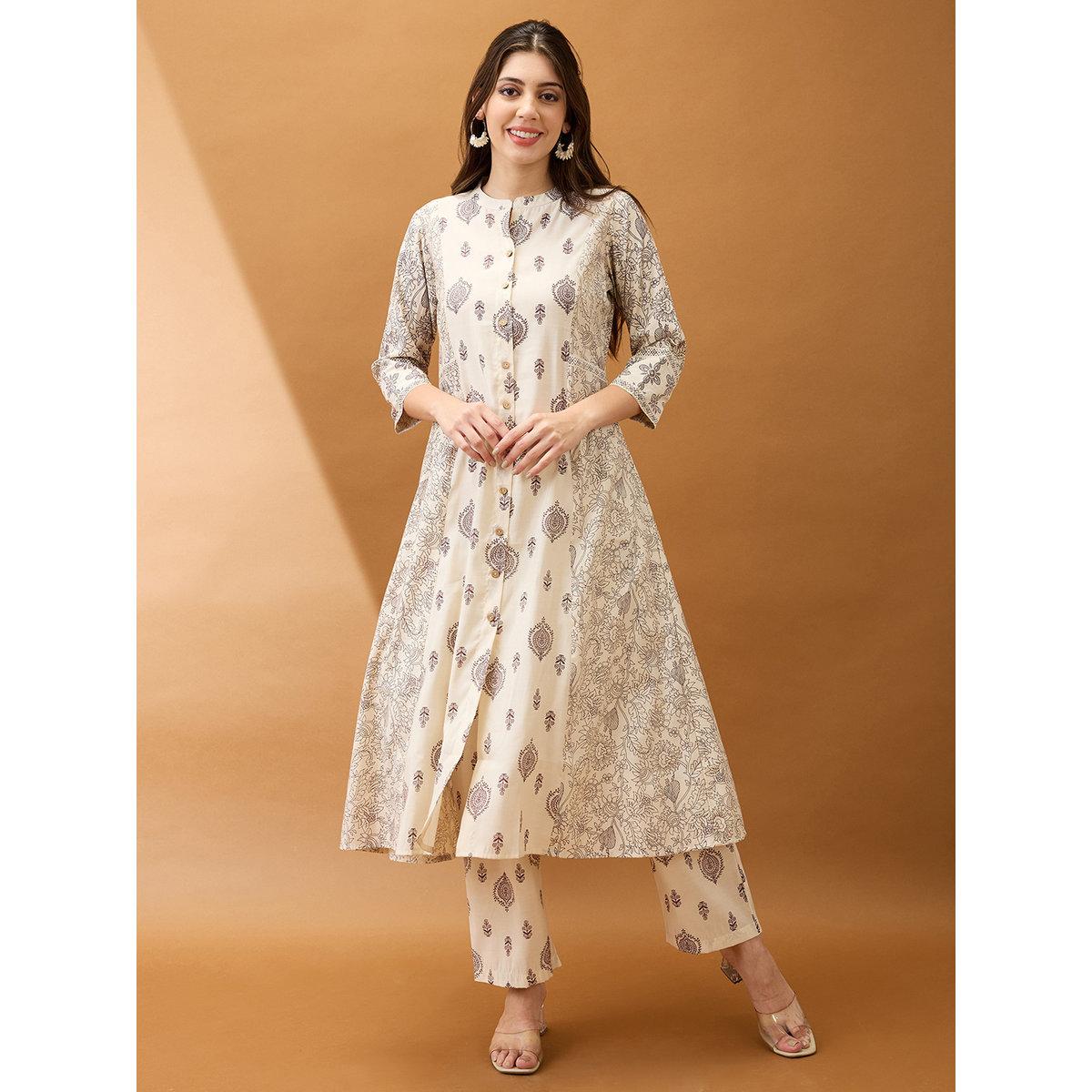 Globus X Styli Beige Ethnic Print A-Line Kurta and Straight Pants Set-women-clothing-ethnicwear-kurtasets-image-1