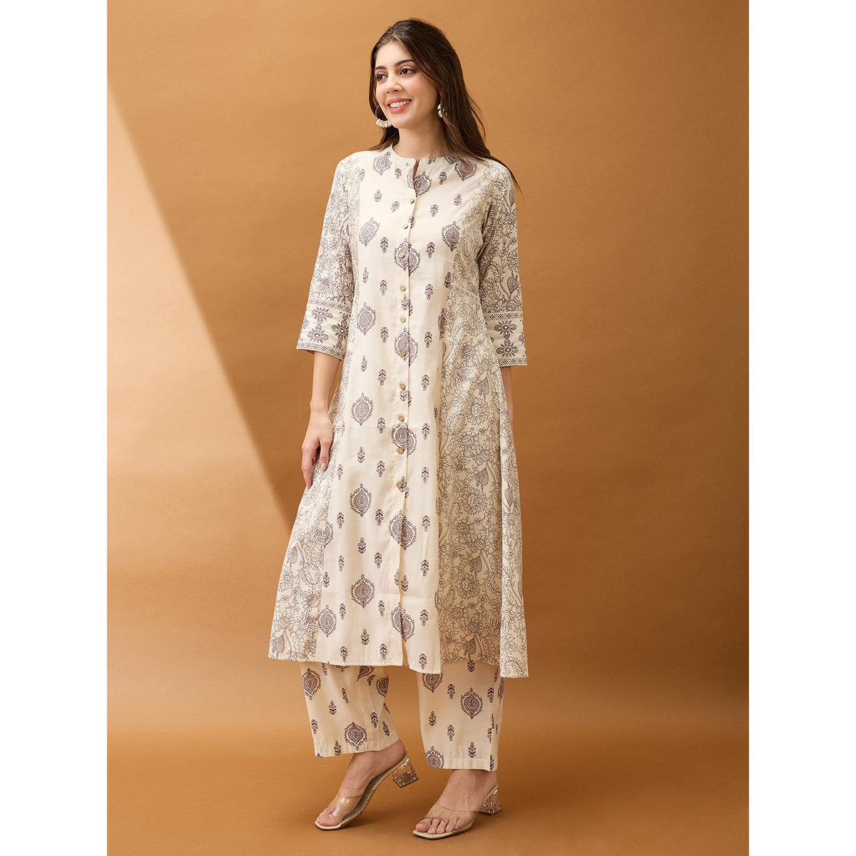 طقم من بنطال وكورتا بطباعة وقصة بحافة واسعة-women-clothing-ethnicwear-kurtasets-image-2