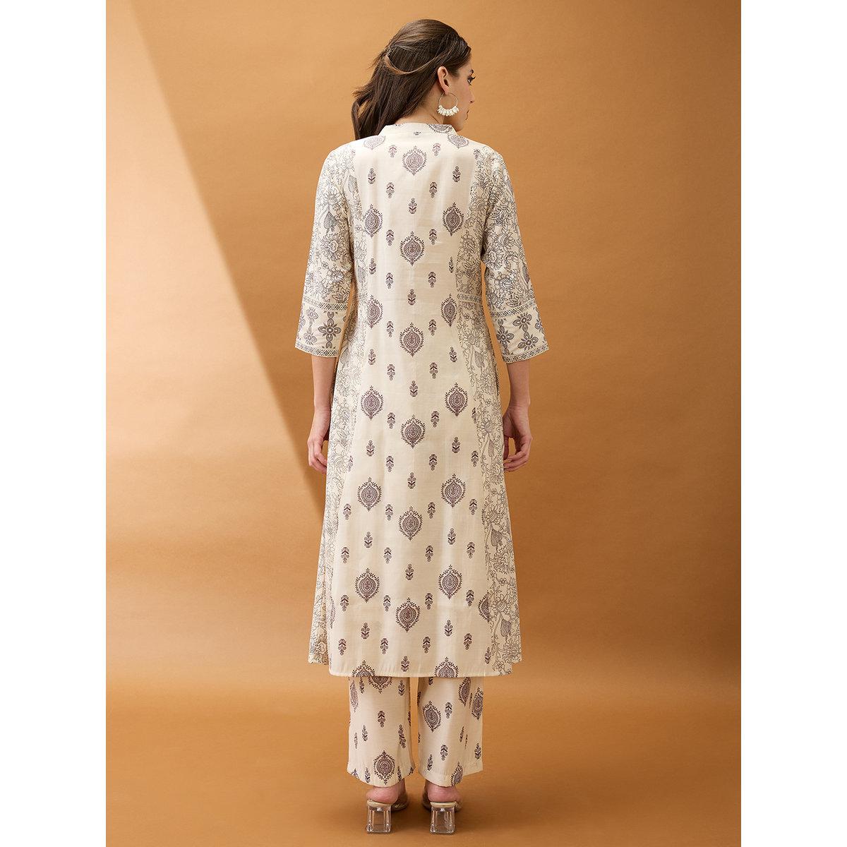Globus X Styli Beige Ethnic Print A-Line Kurta and Straight Pants Set-women-clothing-ethnicwear-kurtasets-image-3
