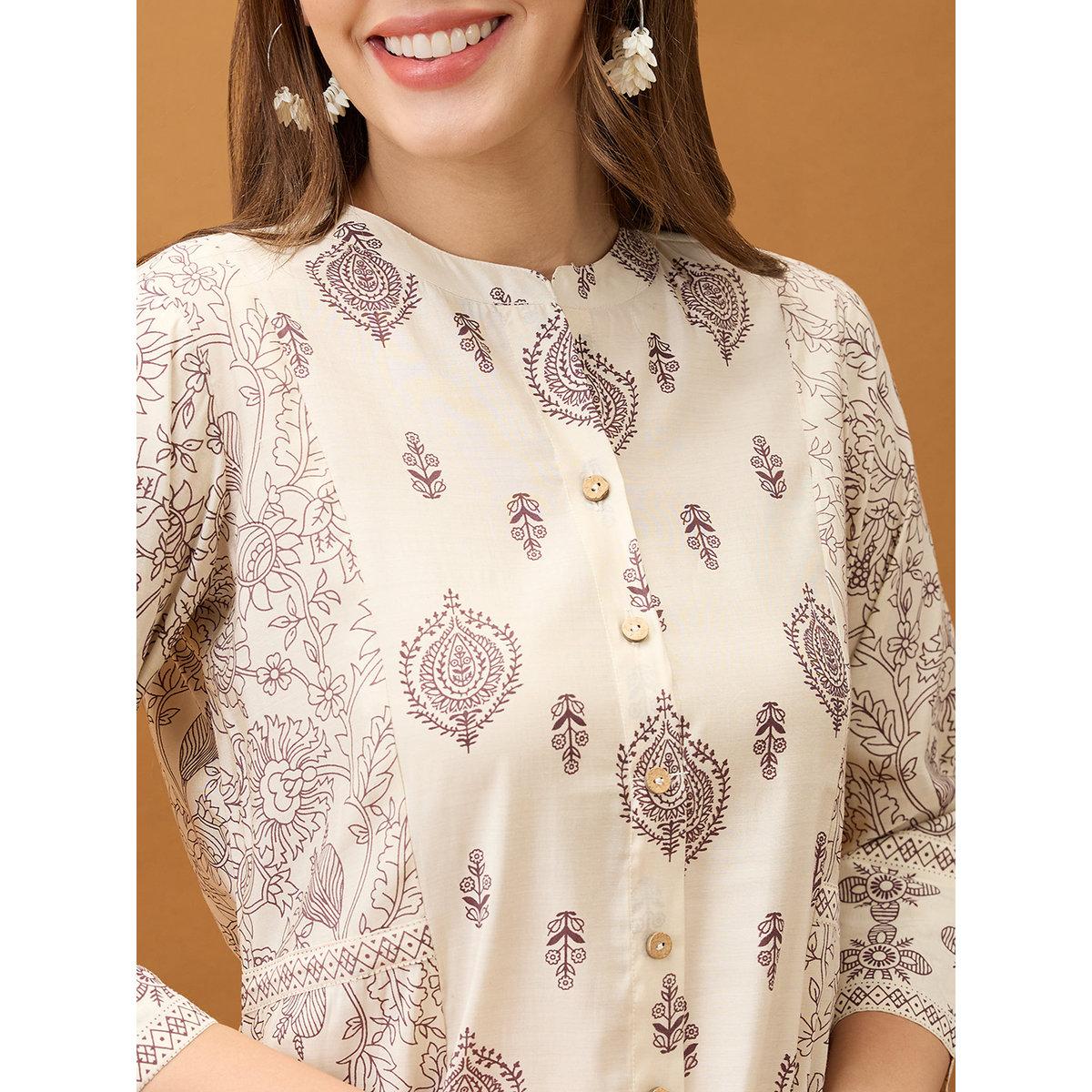 طقم من بنطال وكورتا بطباعة وقصة بحافة واسعة-women-clothing-ethnicwear-kurtasets-image-4