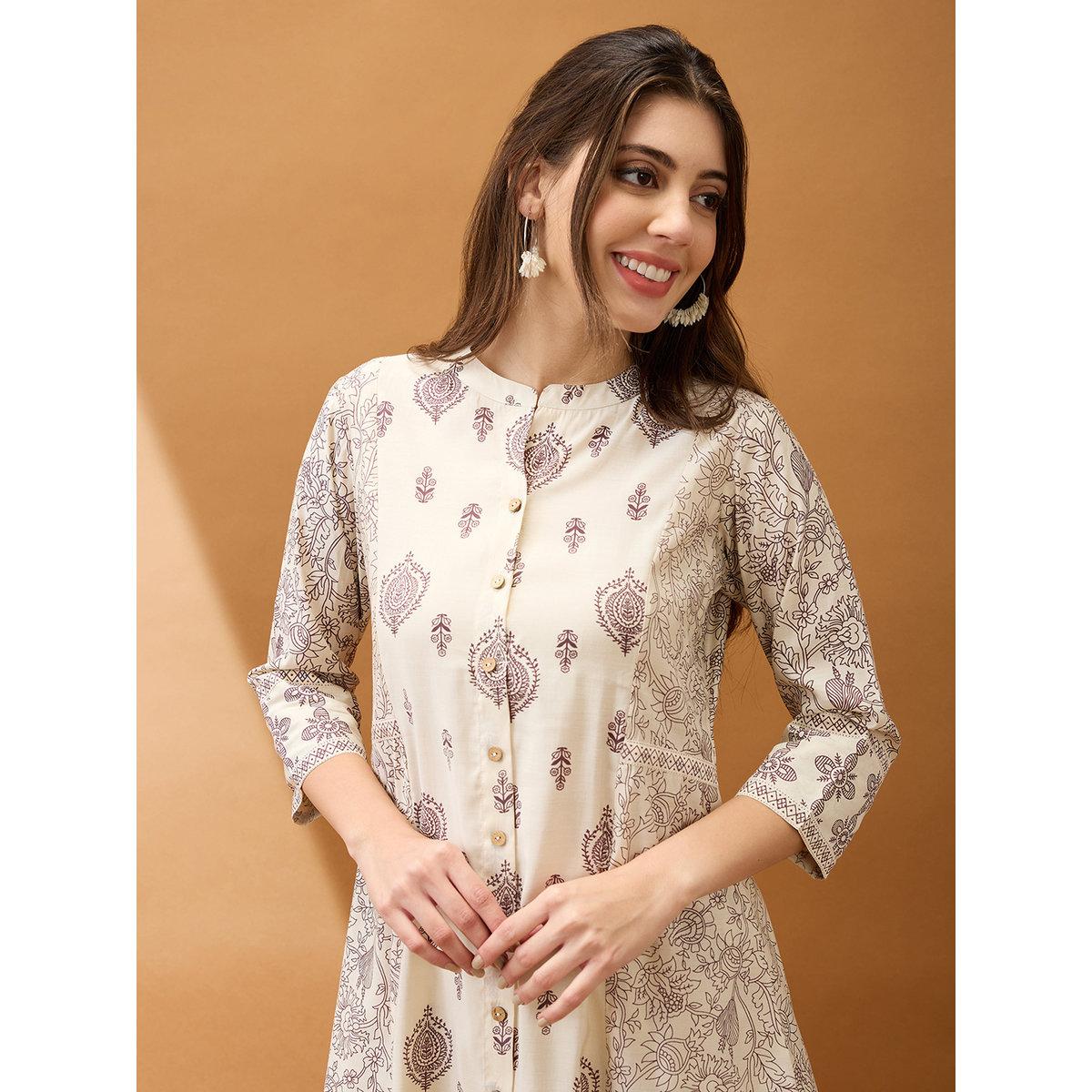 Globus X Styli Beige Ethnic Print A-Line Kurta and Straight Pants Set-women-clothing-ethnicwear-kurtasets-image-6