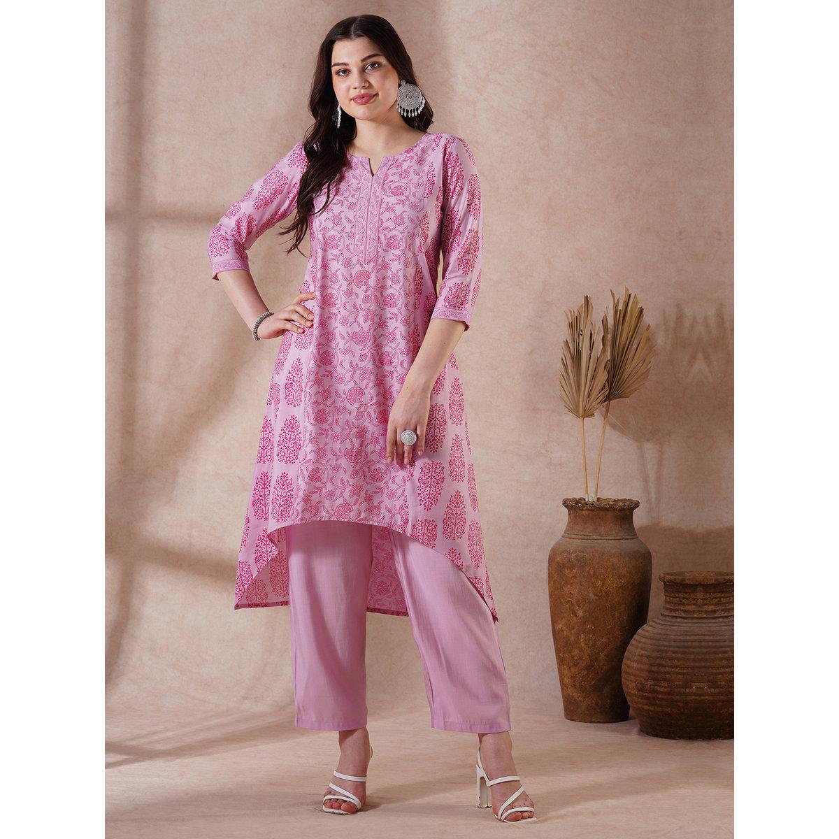 Globus X Styli Pink High-Low Hem Kurta and Pants Set-women-clothing-ethnicwear-kurtasets-image-1