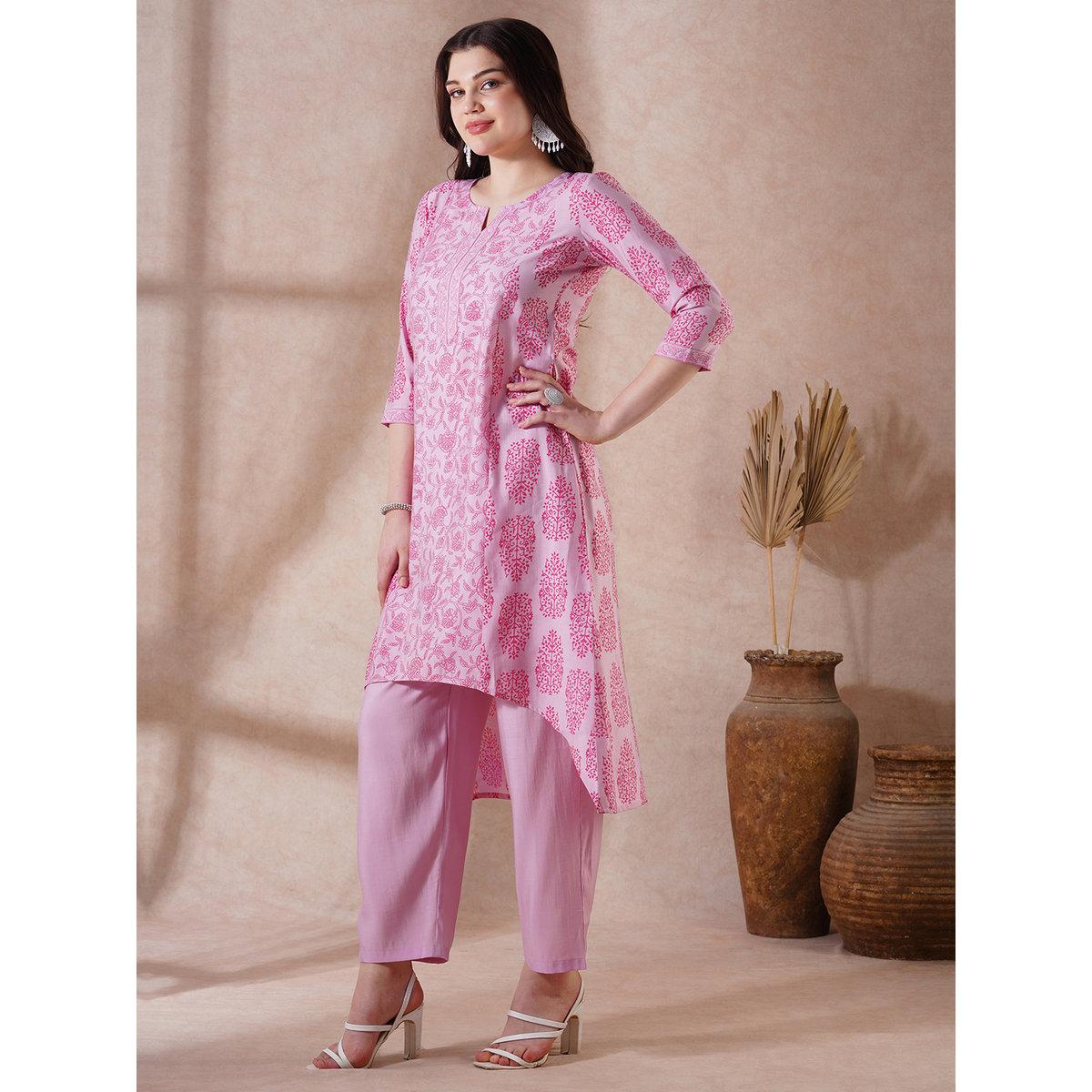 Globus X Styli Pink High-Low Hem Kurta and Pants Set-women-clothing-ethnicwear-kurtasets-image-2