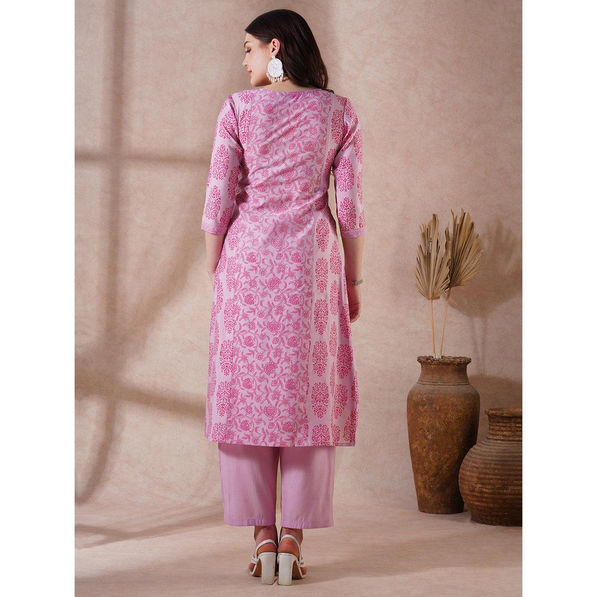 Globus X Styli Pink High-Low Hem Kurta and Pants Set-women-clothing-ethnicwear-kurtasets-image-3