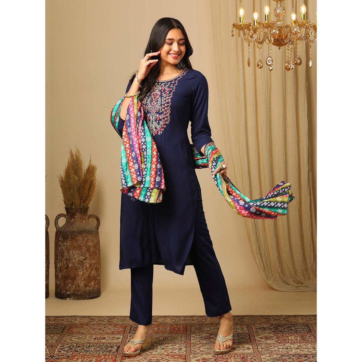 Globus X Styli Navy Embroidered Yoke Kurta, Pants and Bandhani Print Dupatta Set-women-clothing-ethnicwear-kurtasets-image-1