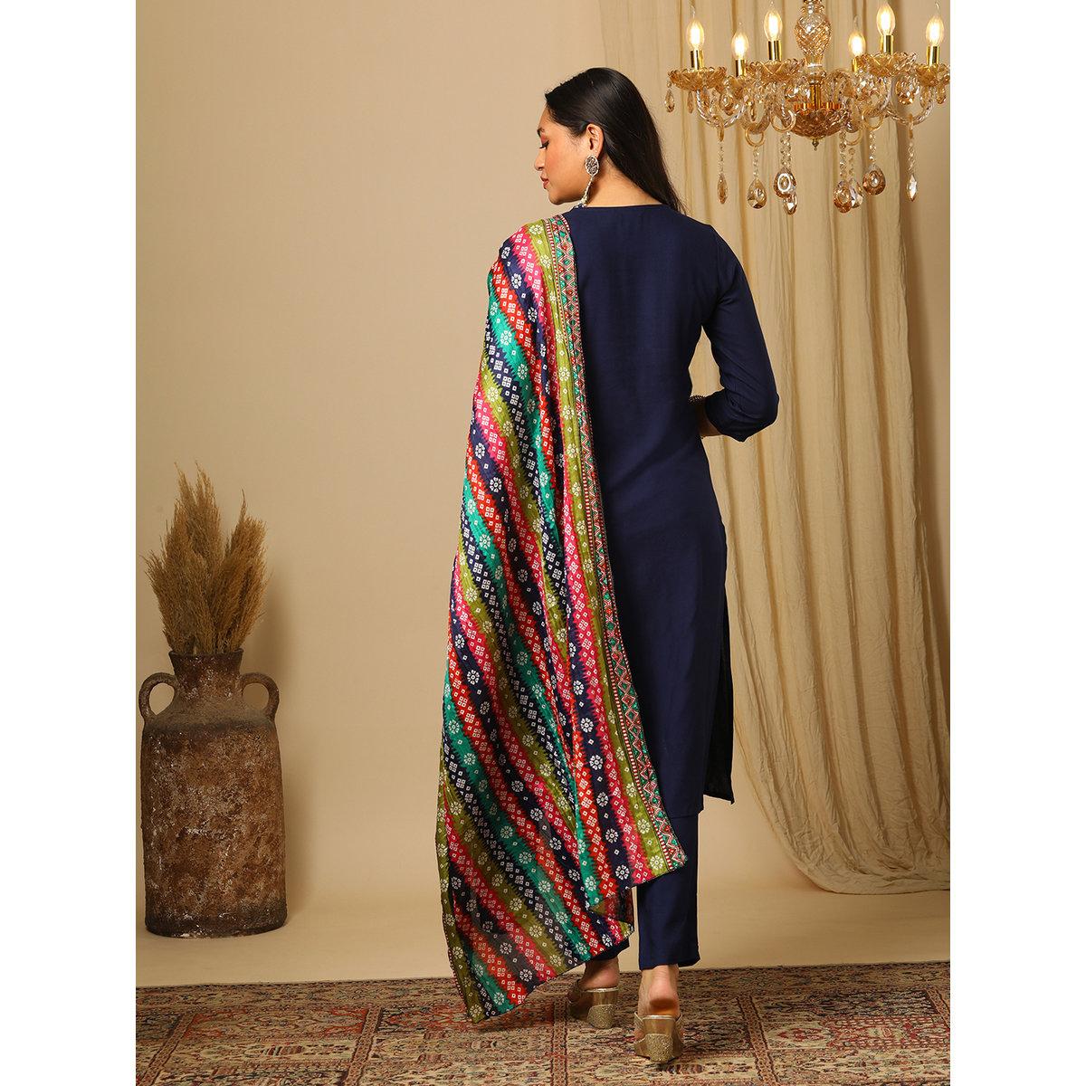 Globus X Styli Navy Embroidered Yoke Kurta, Pants and Bandhani Print Dupatta Set-women-clothing-ethnicwear-kurtasets-image-3