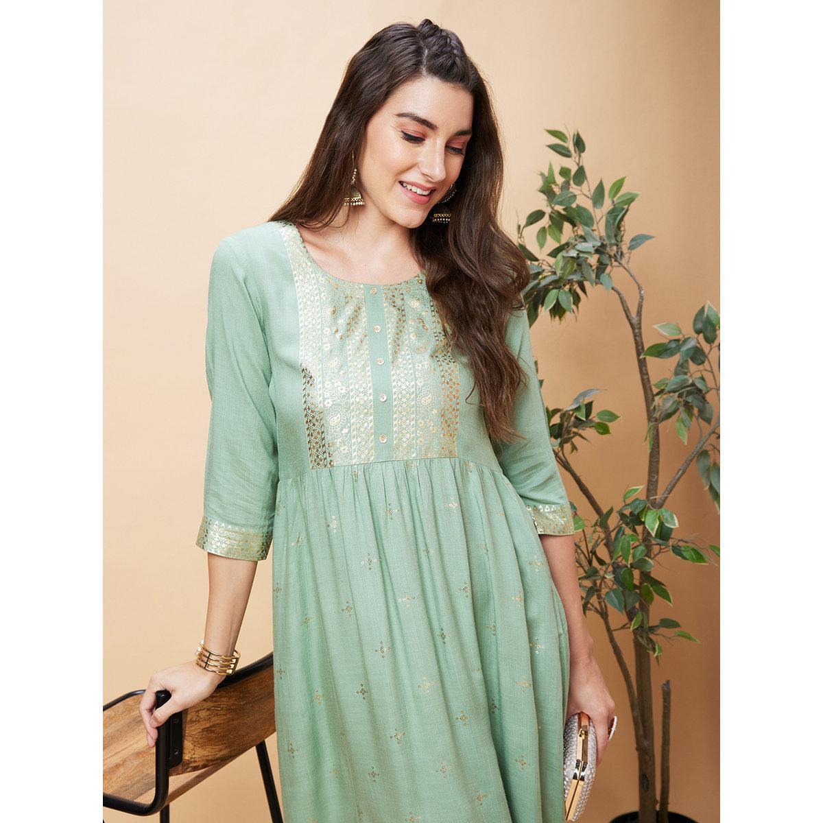 كورتا بتفاصيل طباعة باللون الذهبية-women-clothing-ethnicwear-kurtas-image-1
