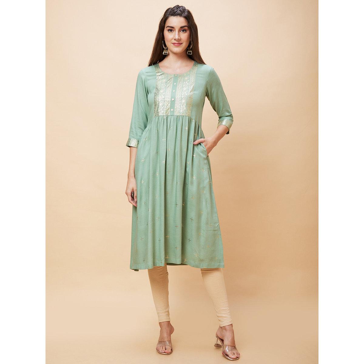 Globus X Styli Green Ethnic Motifs Gold Print A-Line Kurta-women-clothing-ethnicwear-kurtas-image-2