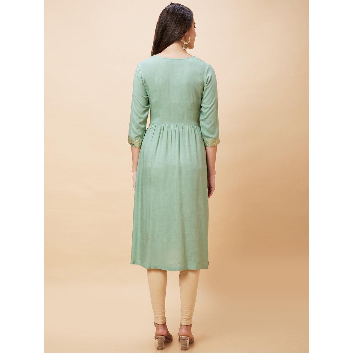 Globus X Styli Green Ethnic Motifs Gold Print A-Line Kurta-women-clothing-ethnicwear-kurtas-image-4