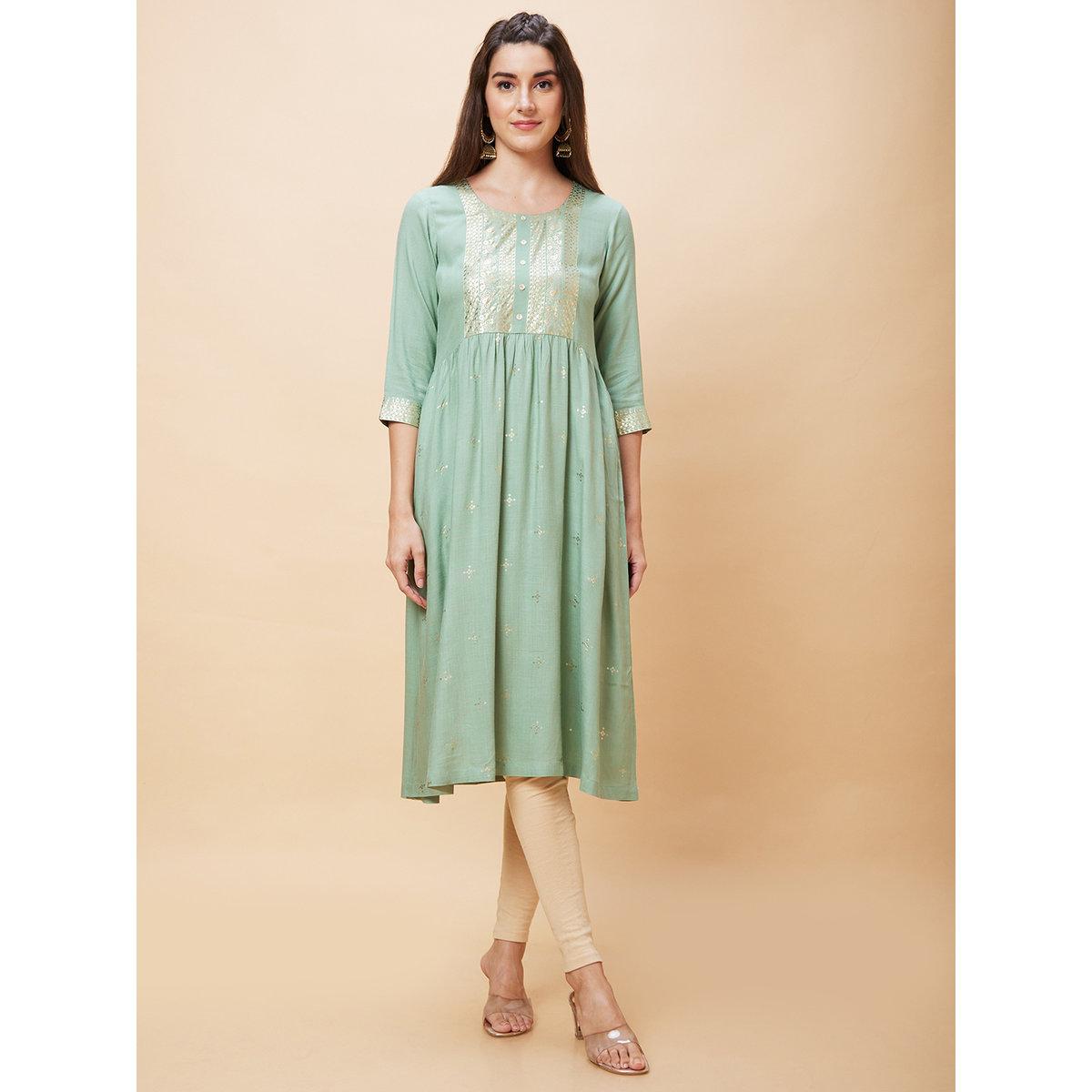Globus X Styli Green Ethnic Motifs Gold Print A-Line Kurta-women-clothing-ethnicwear-kurtas-image-7