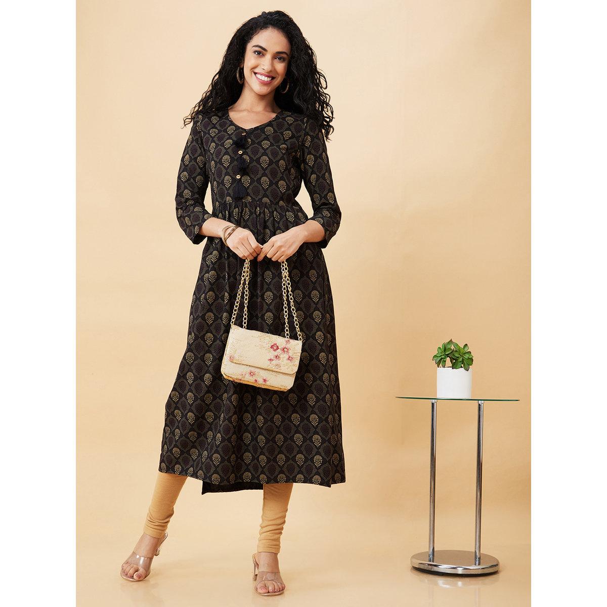 Globus X Styli Black Printed V Neck A-Line Kurta-women-clothing-ethnicwear-kurtas-image-1