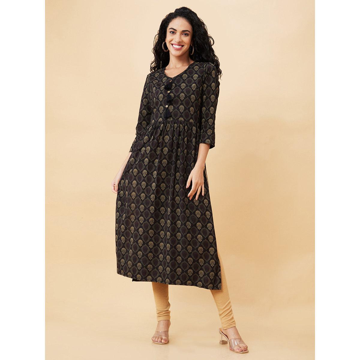 Globus X Styli Black Printed V Neck A-Line Kurta-women-clothing-ethnicwear-kurtas-image-2