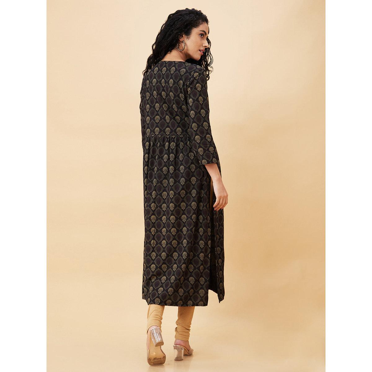 Globus X Styli Black Printed V Neck A-Line Kurta-women-clothing-ethnicwear-kurtas-image-4