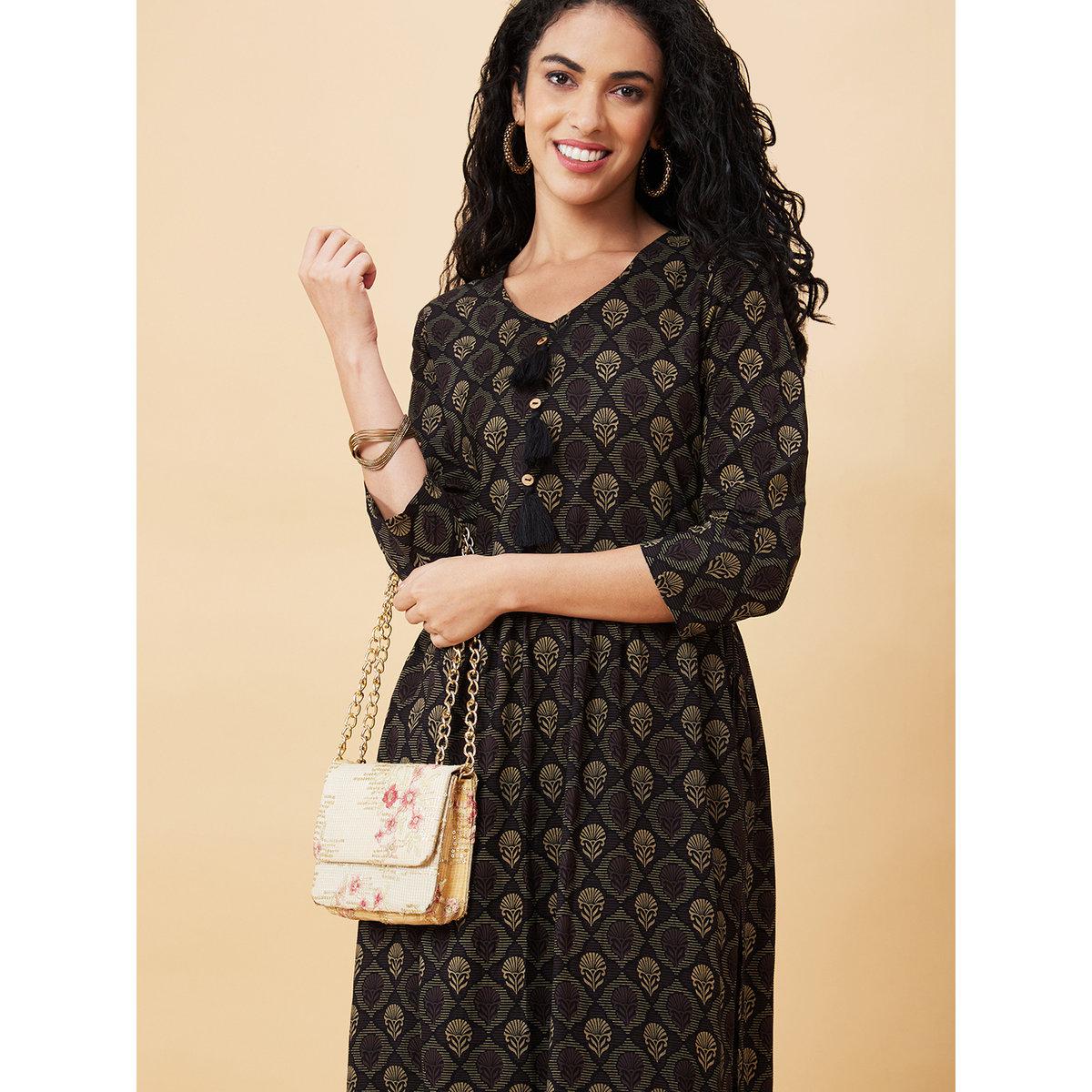 Globus X Styli Black Printed V Neck A-Line Kurta-women-clothing-ethnicwear-kurtas-image-6