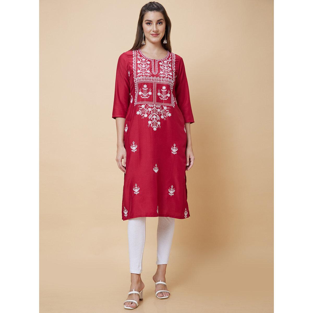 Globus X Styli Red Embroidered Round Neck Straight Kurta-women-clothing-ethnicwear-kurtas-image-2