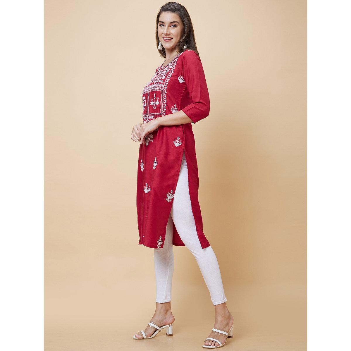 Globus X Styli Red Embroidered Round Neck Straight Kurta-women-clothing-ethnicwear-kurtas-image-3
