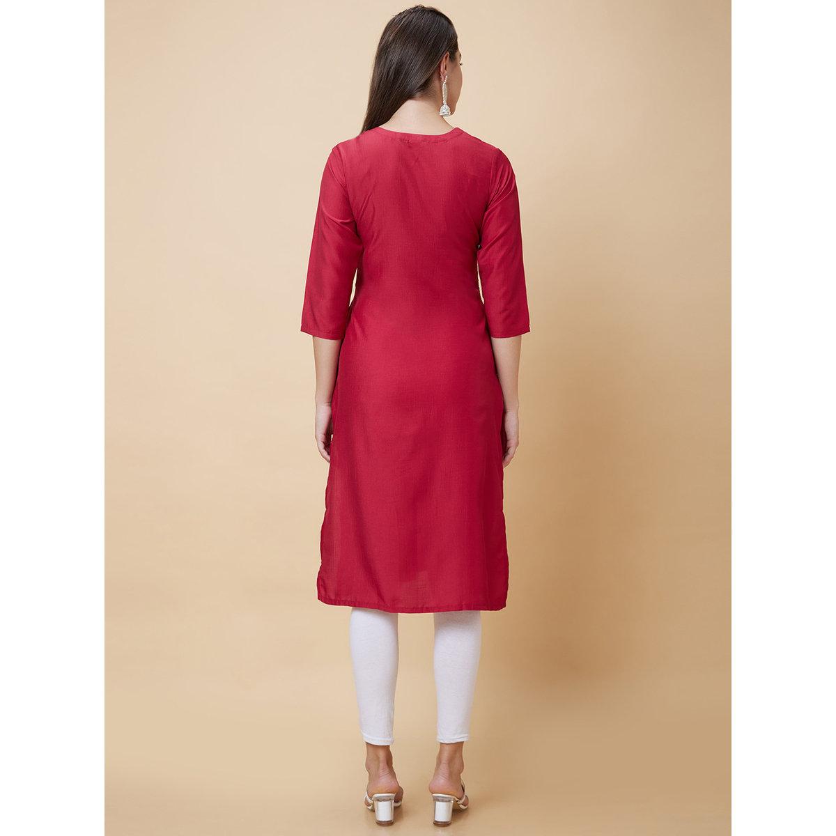 Globus X Styli Red Embroidered Round Neck Straight Kurta-women-clothing-ethnicwear-kurtas-image-4