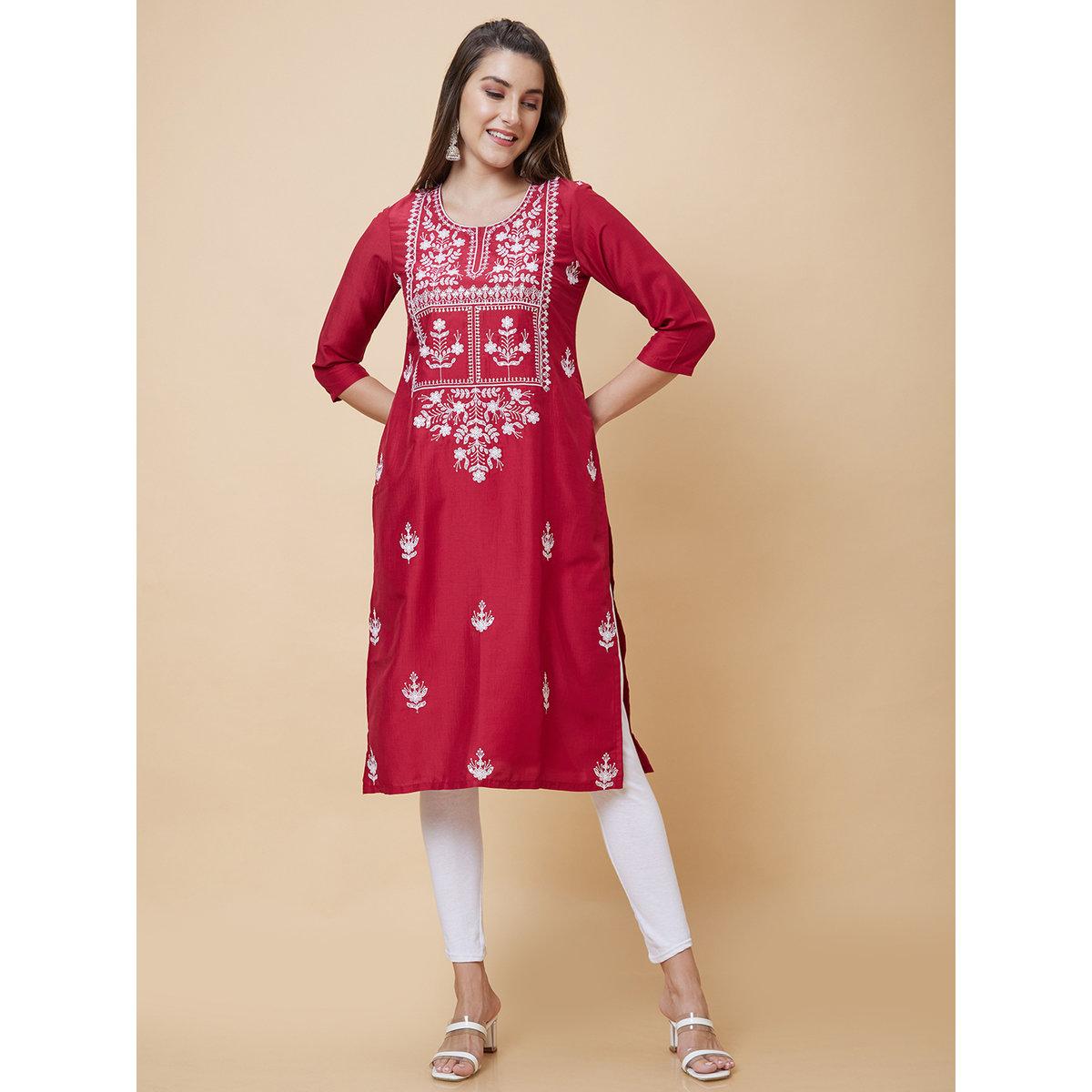 Globus X Styli Red Embroidered Round Neck Straight Kurta-women-clothing-ethnicwear-kurtas-image-7