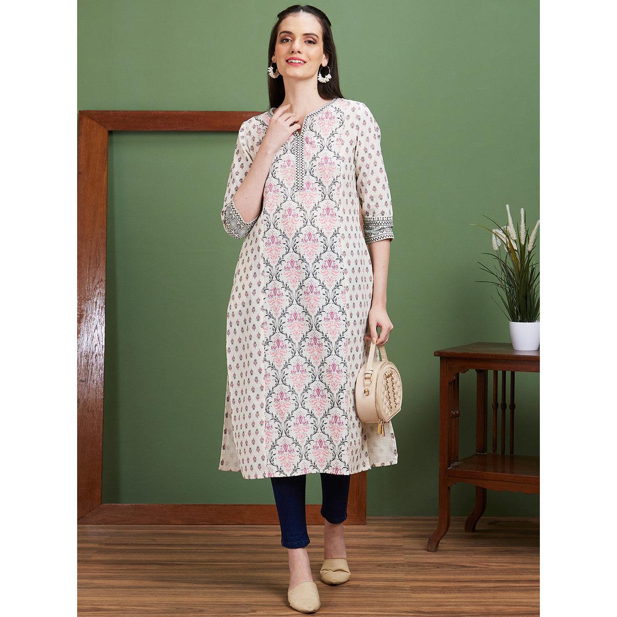 Globus X Styli Off White Ethnic Motifs Side Slits Paneled Straight Kurta-women-clothing-ethnicwear-kurtas-image-1