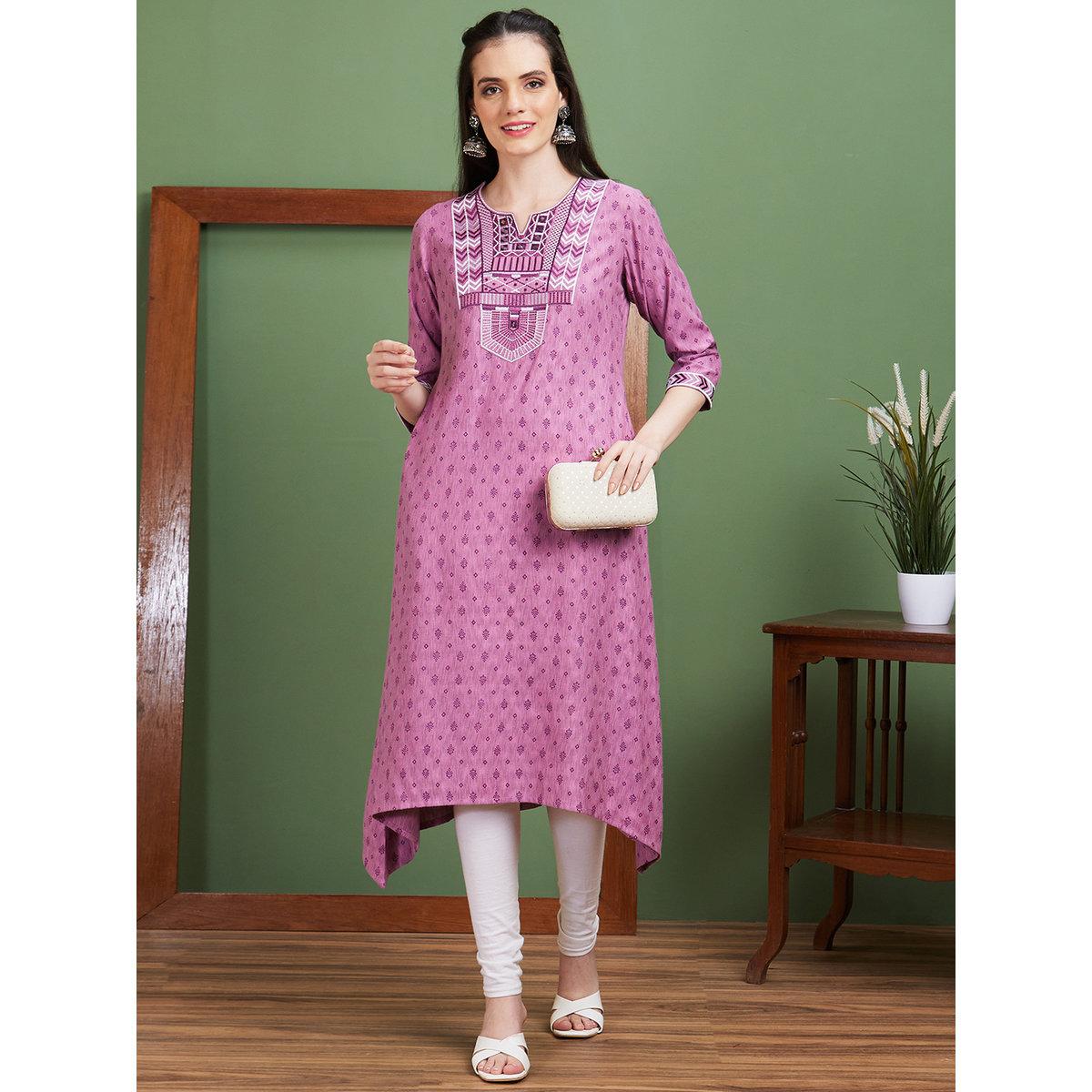 كورتا بتفاصيل مُطرزة وياقة دائرية-women-clothing-ethnicwear-kurtas-image-1