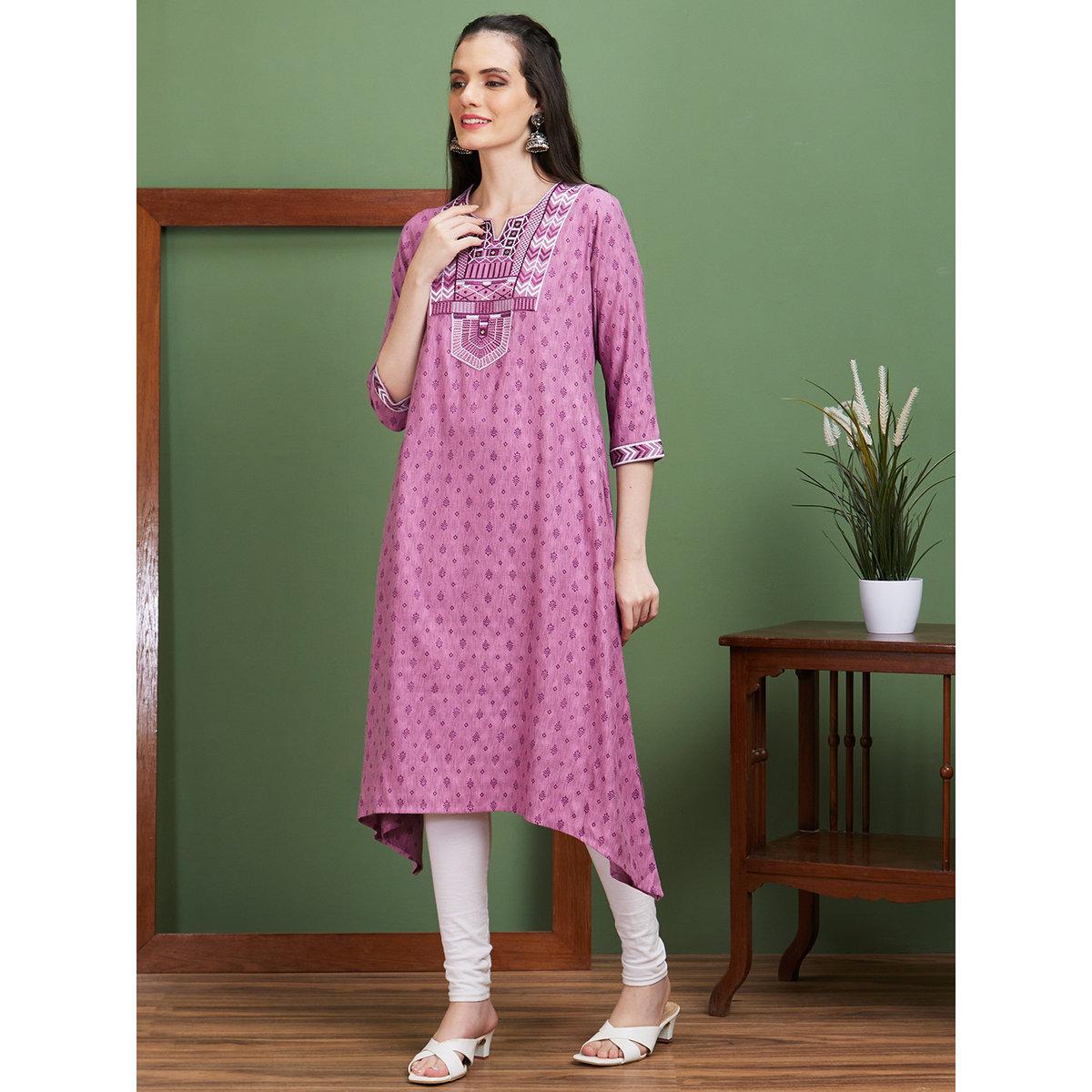 Globus X Styli Purple Embroidered Yoke Round Neck Casual Kurta-women-clothing-ethnicwear-kurtas-image-2