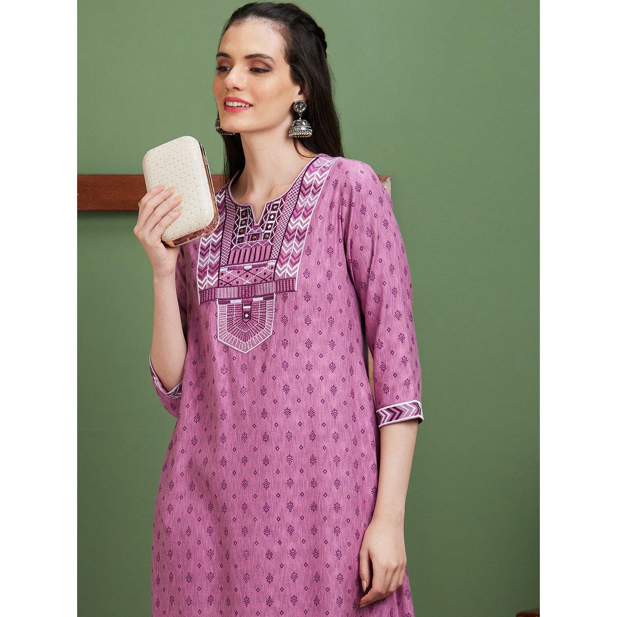 كورتا بتفاصيل مُطرزة وياقة دائرية-women-clothing-ethnicwear-kurtas-image-5