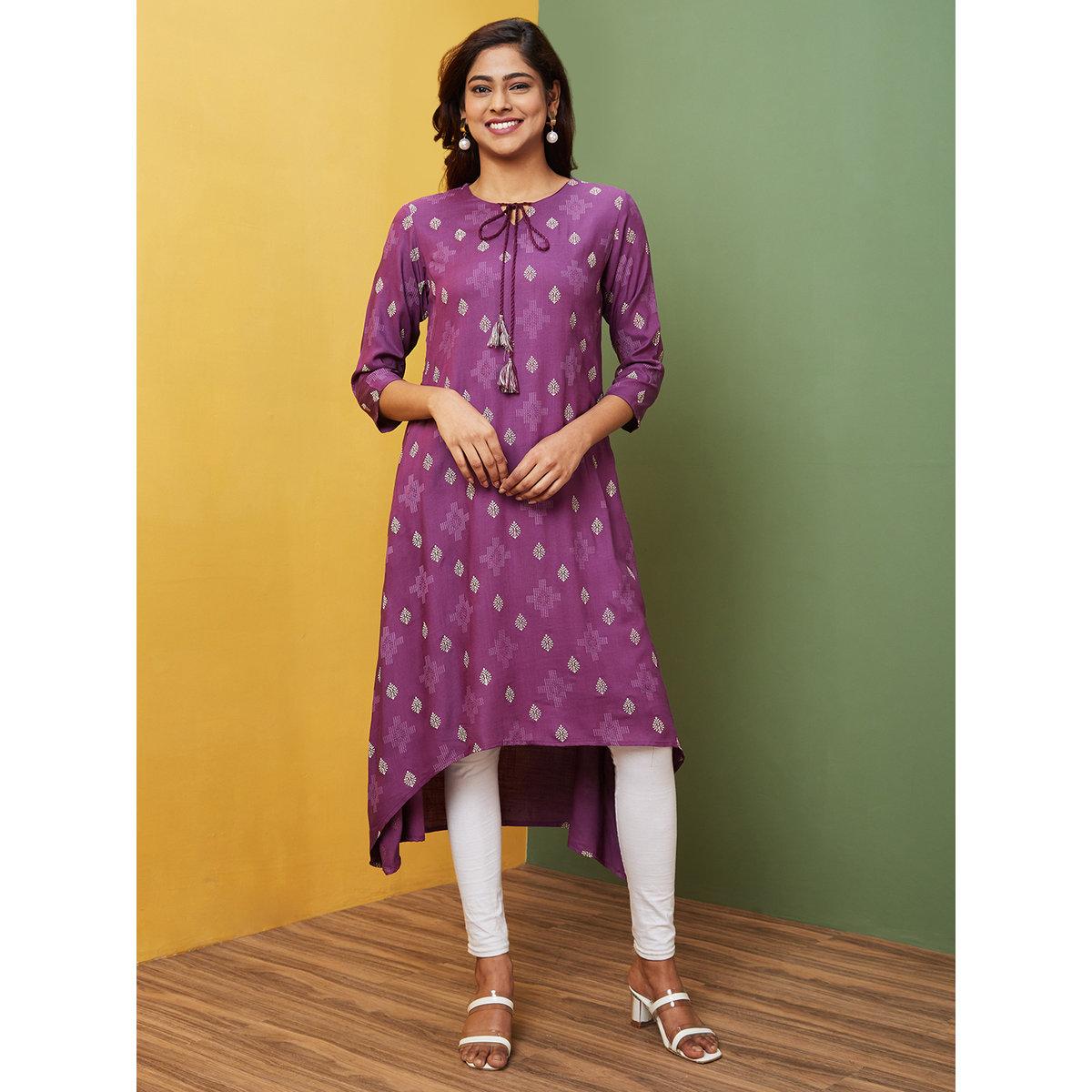 كورتا مُطبعة بتفاصيل ياقة بأربطة-women-clothing-ethnicwear-kurtas-image-1