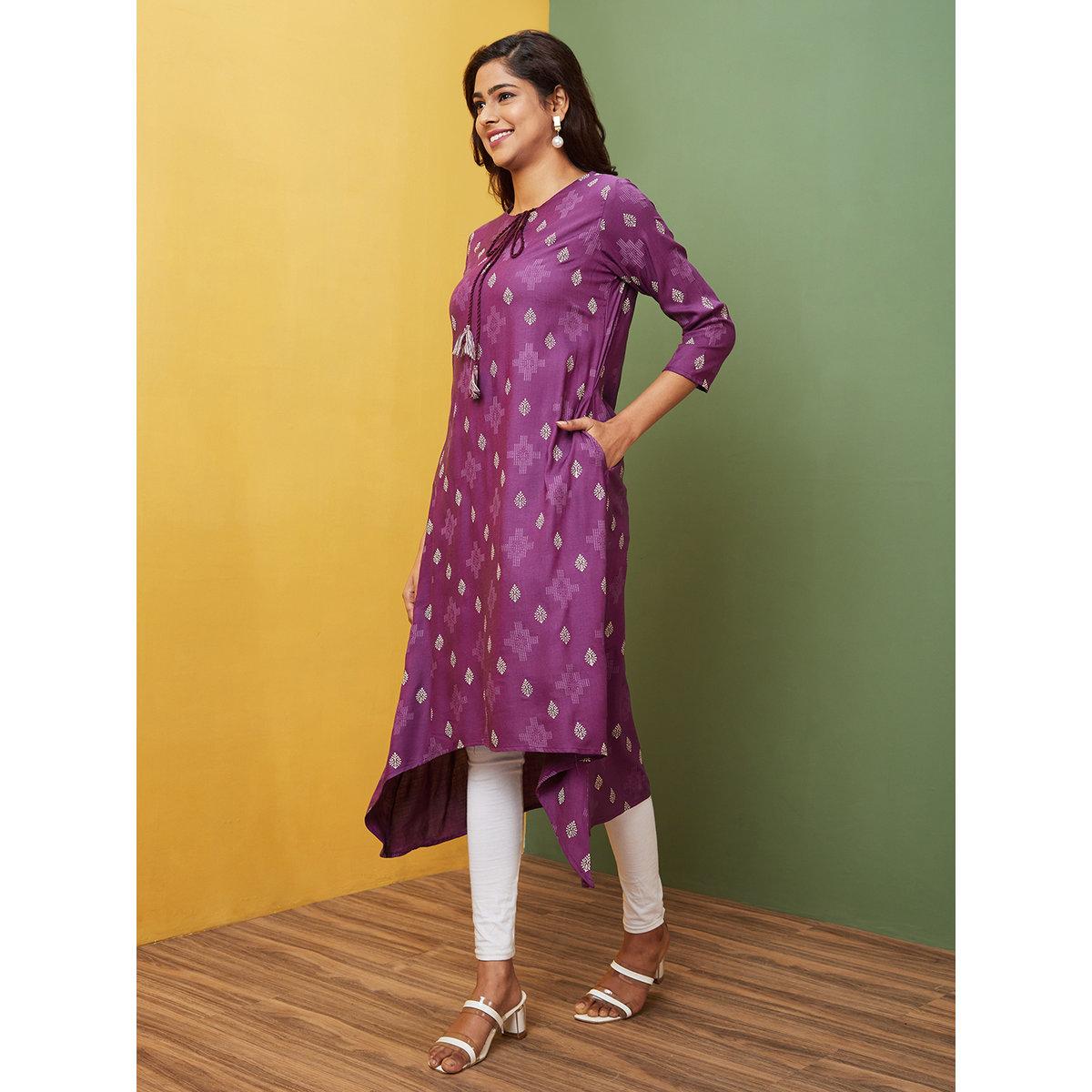 كورتا مُطبعة بتفاصيل ياقة بأربطة-women-clothing-ethnicwear-kurtas-image-2