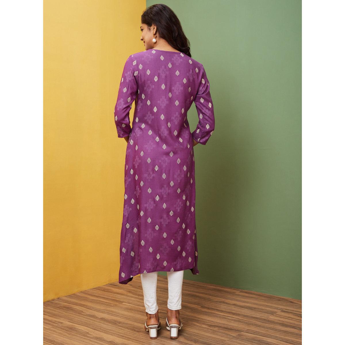 كورتا مُطبعة بتفاصيل ياقة بأربطة-women-clothing-ethnicwear-kurtas-image-3