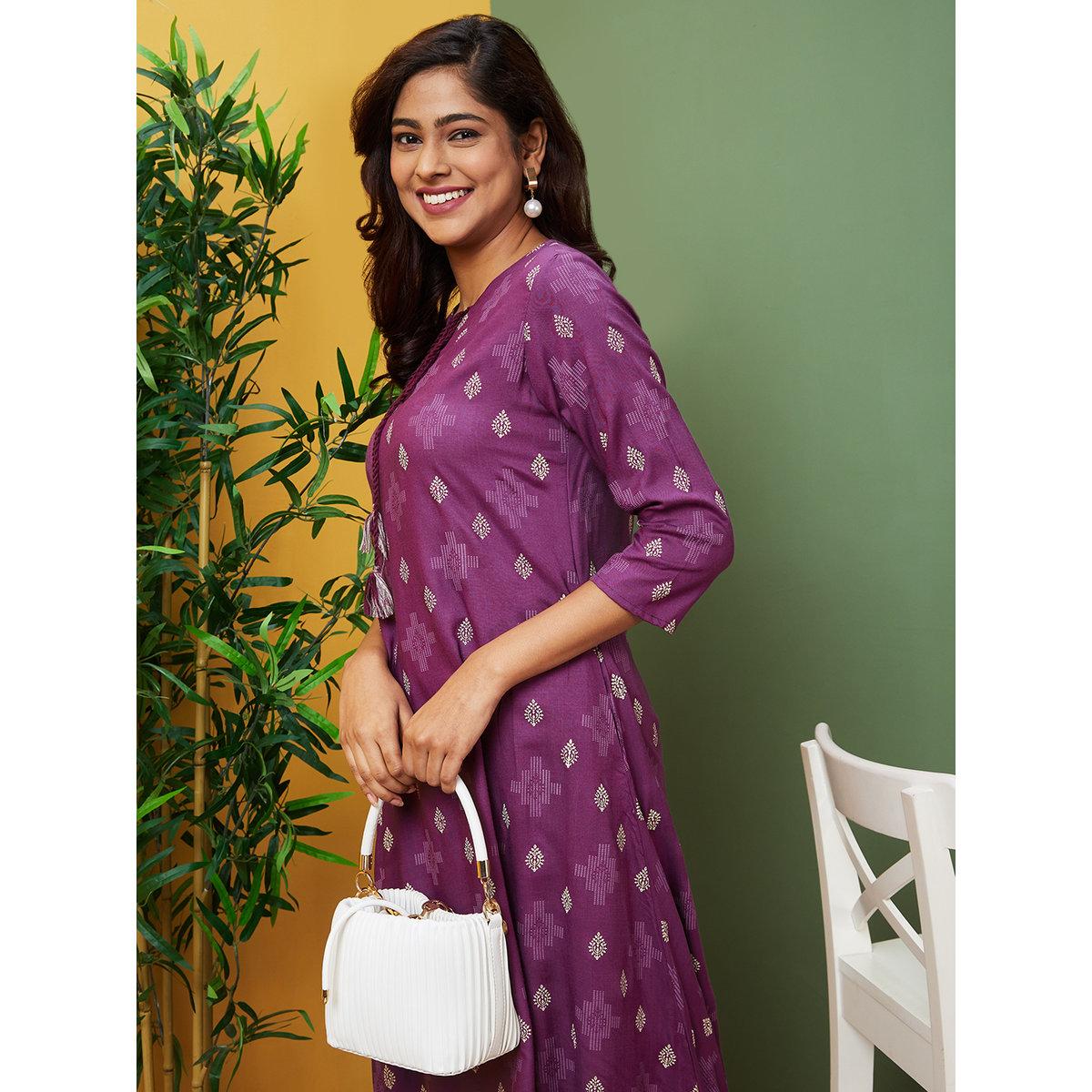 كورتا مُطبعة بتفاصيل ياقة بأربطة-women-clothing-ethnicwear-kurtas-image-5