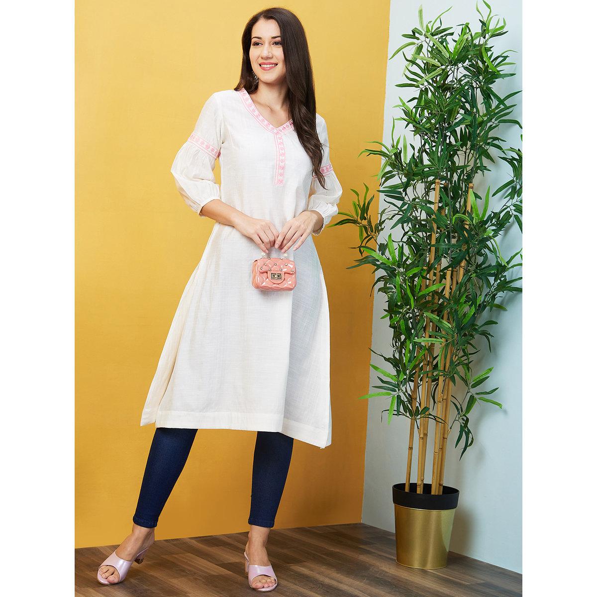 Globus X Styli White Embroidered Yoke Straight Kurta-women-clothing-ethnicwear-kurtas-image-1
