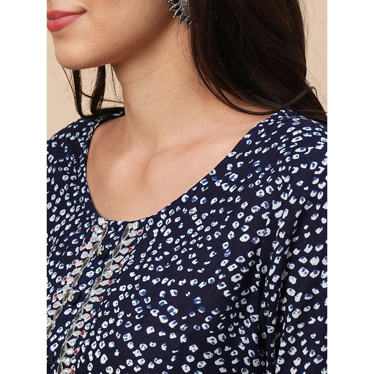 Globus X Styli Blue Bandhani Print Straight Kurta-women-clothing-ethnicwear-kurtas-image-4