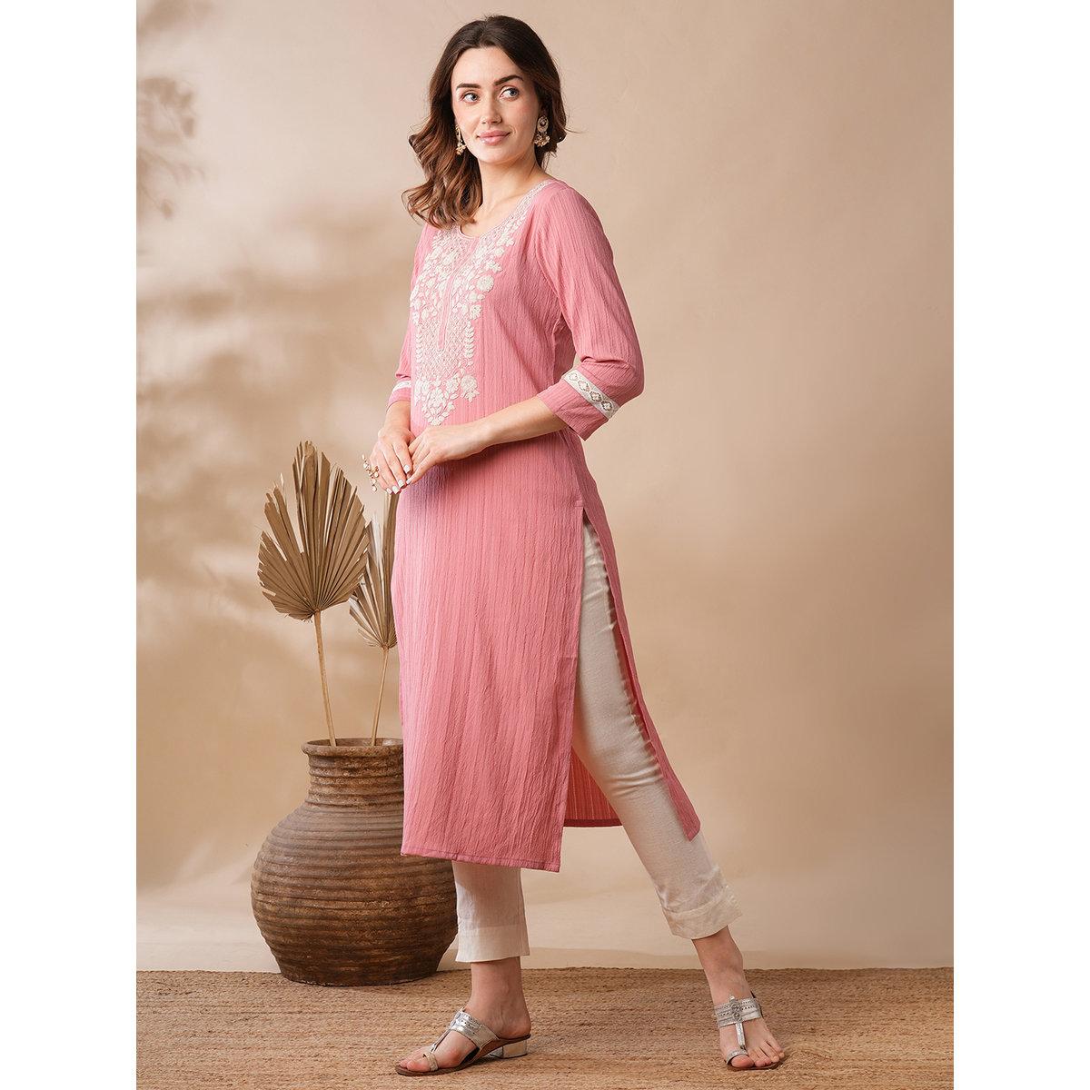 Globus X Styli Women Pink Sequined Embroidered Straight Kurta-women-clothing-ethnicwear-kurtas-image-2