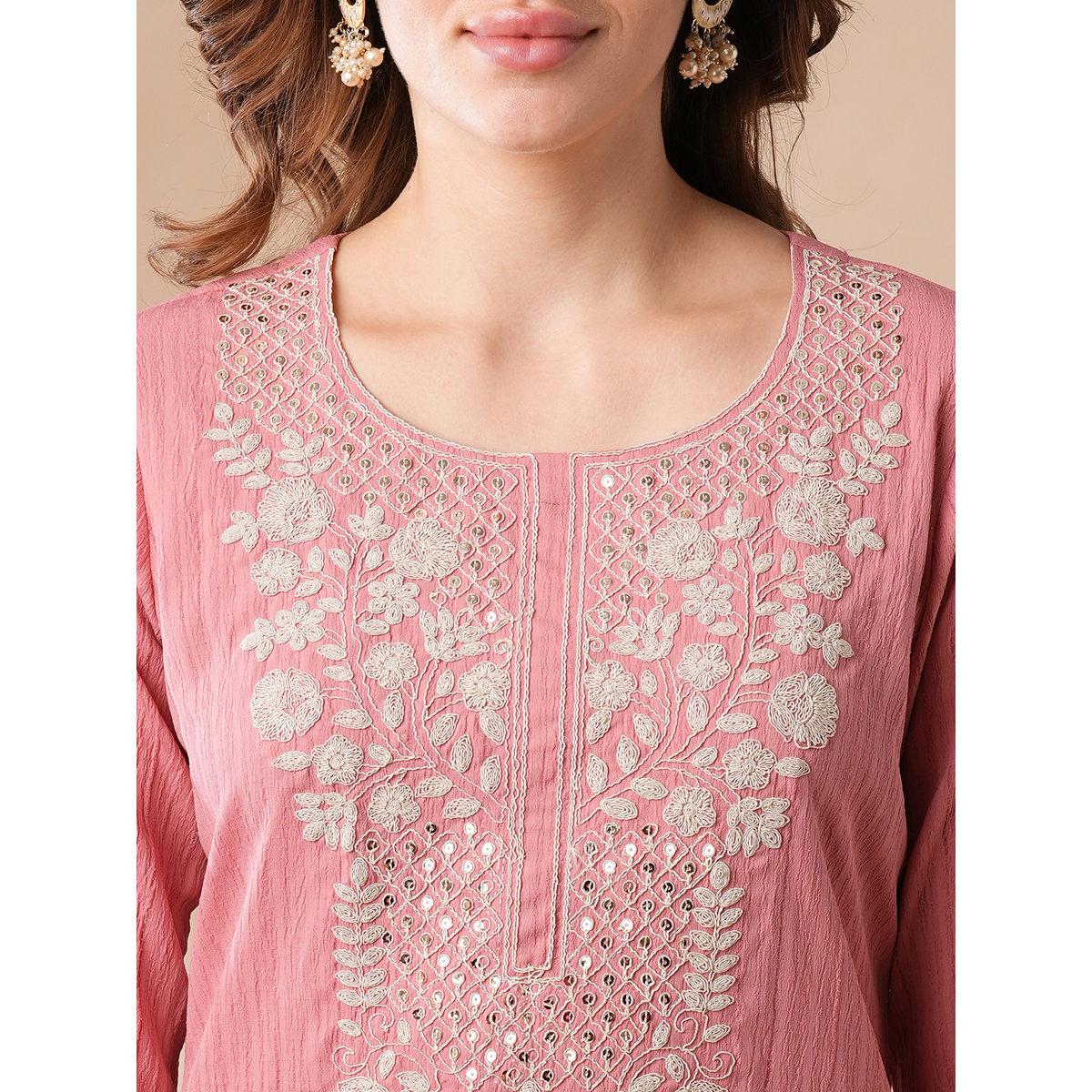 Globus X Styli Women Pink Sequined Embroidered Straight Kurta-women-clothing-ethnicwear-kurtas-image-4