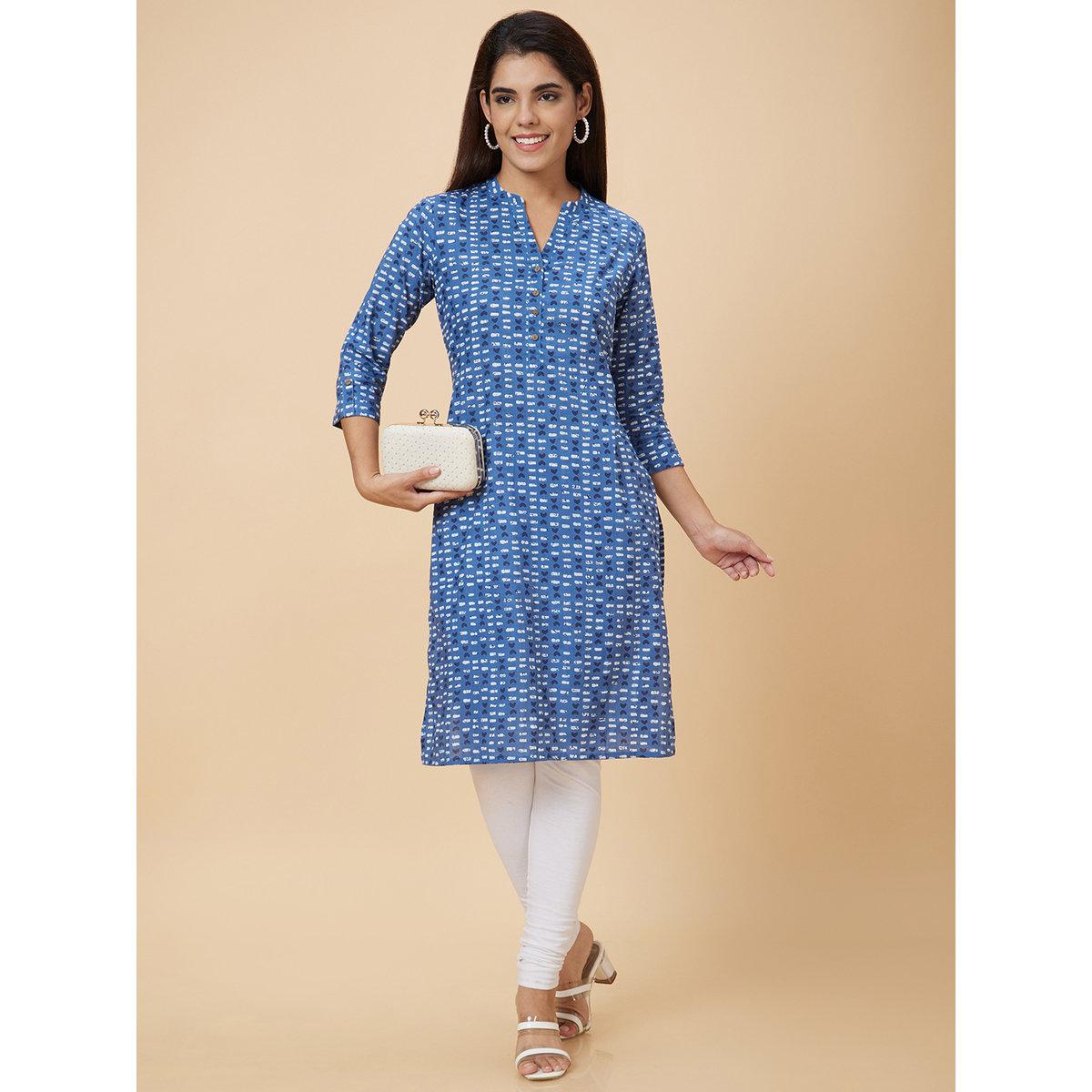 Globus X Styli Women Blue Printed Straight Kurta-women-clothing-ethnicwear-kurtas-image-1