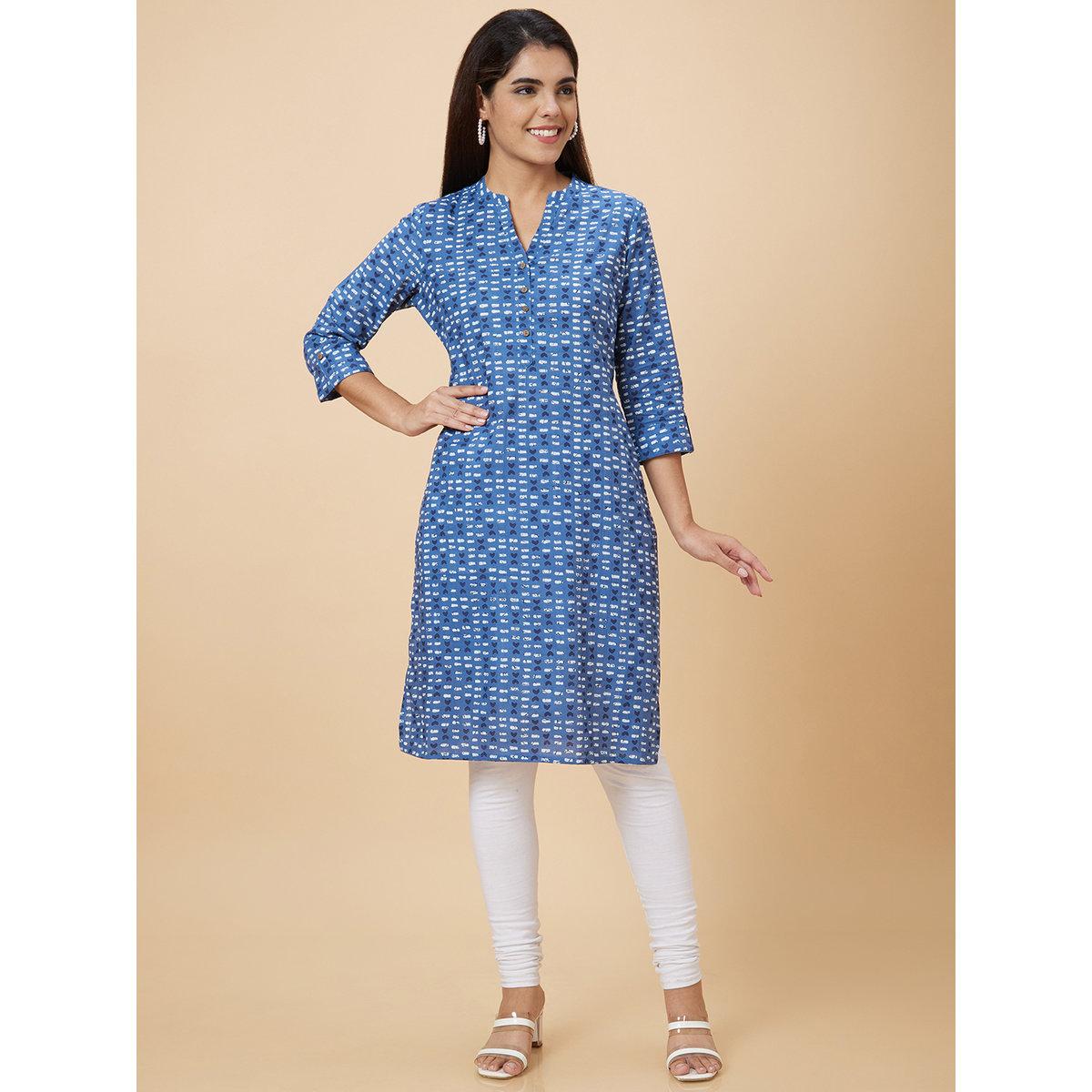 Globus X Styli Women Blue Printed Straight Kurta-women-clothing-ethnicwear-kurtas-image-2