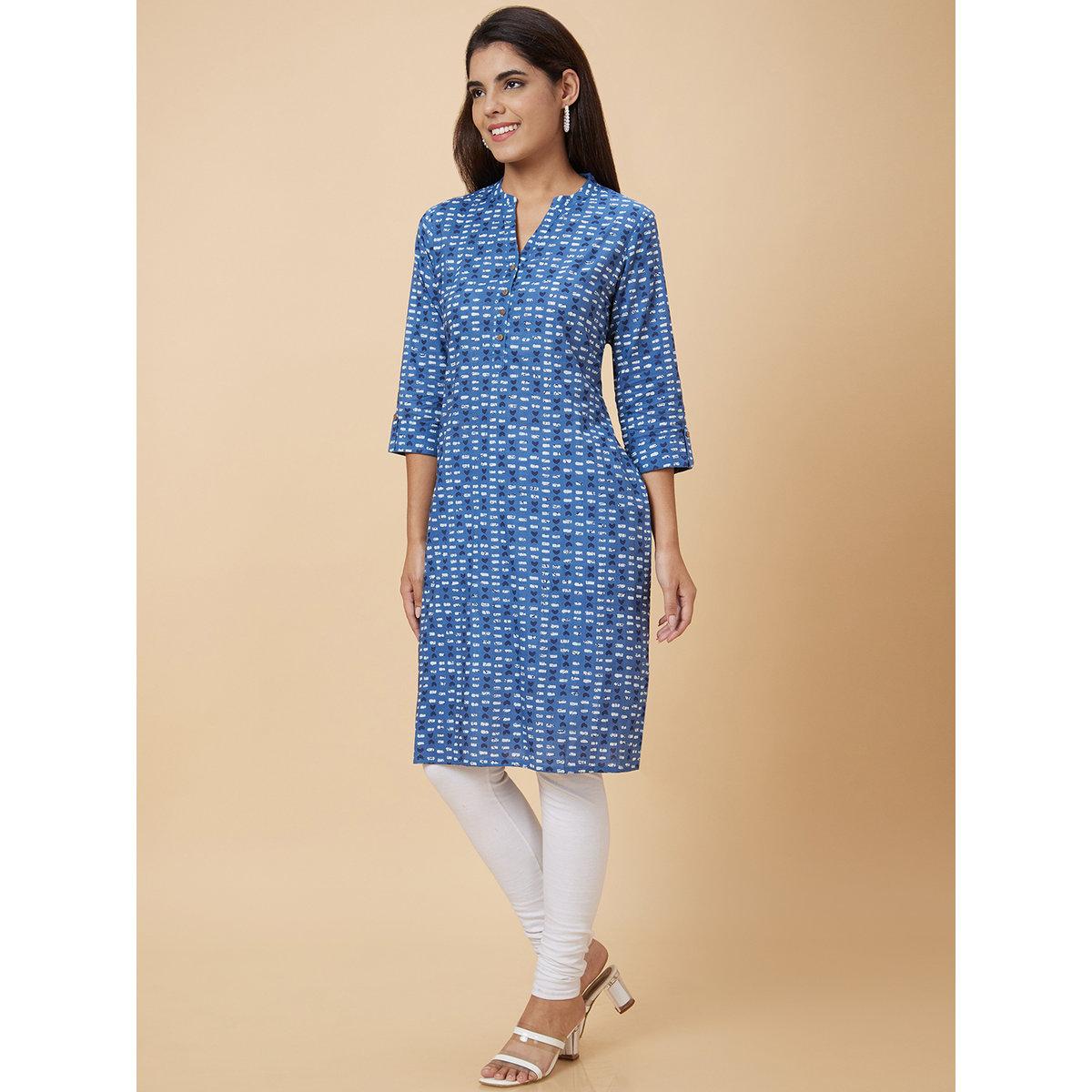 Globus X Styli Women Blue Printed Straight Kurta-women-clothing-ethnicwear-kurtas-image-4