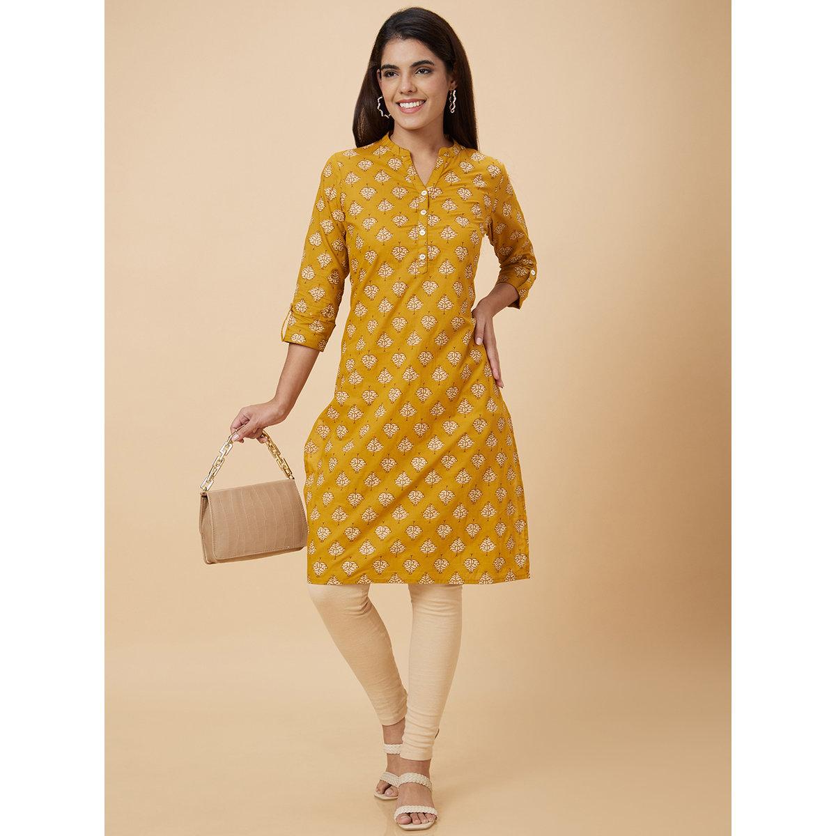 Globus X Styli Women Mustard Printed Straight Kurta-women-clothing-ethnicwear-kurtas-image-1