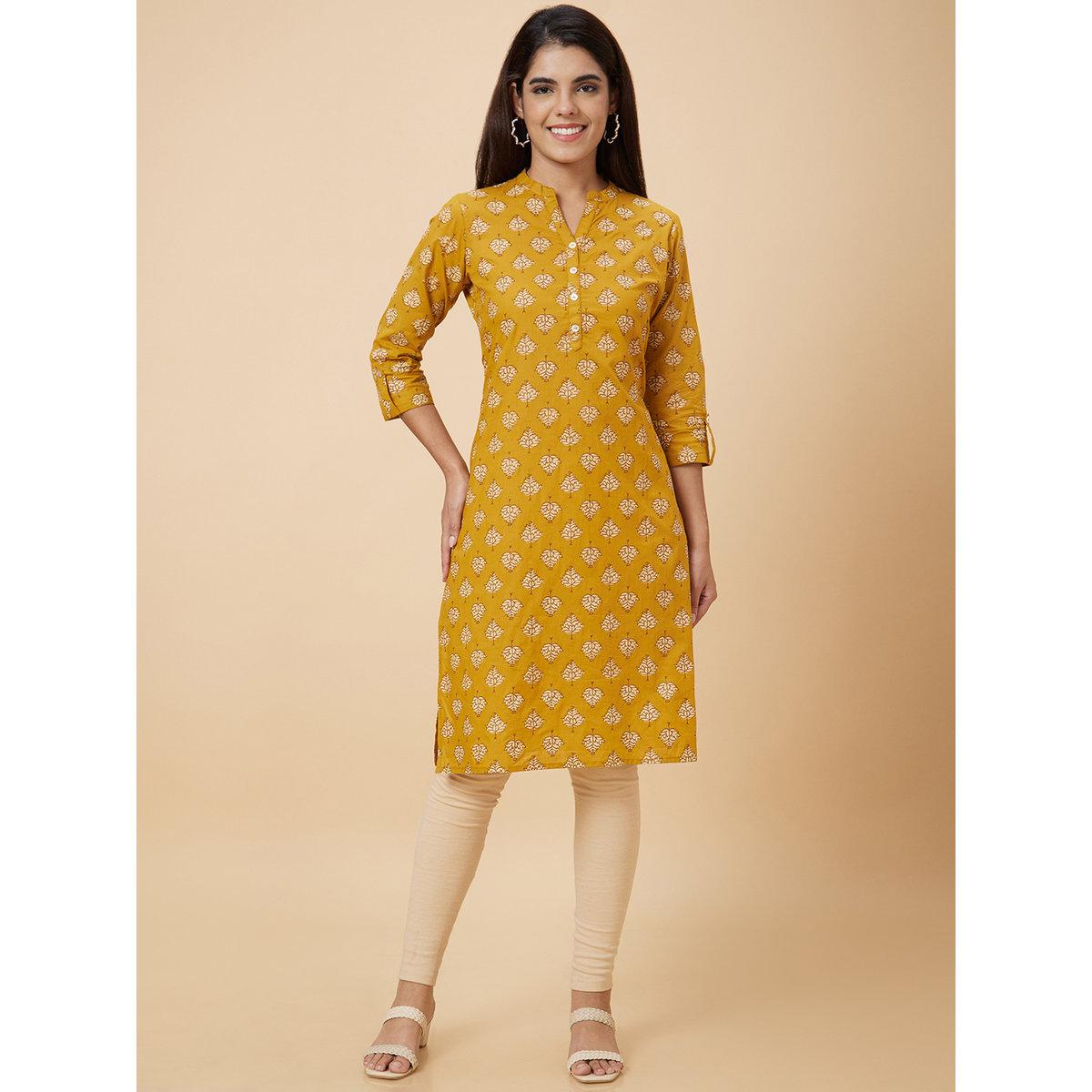 Globus X Styli Women Mustard Printed Straight Kurta-women-clothing-ethnicwear-kurtas-image-2