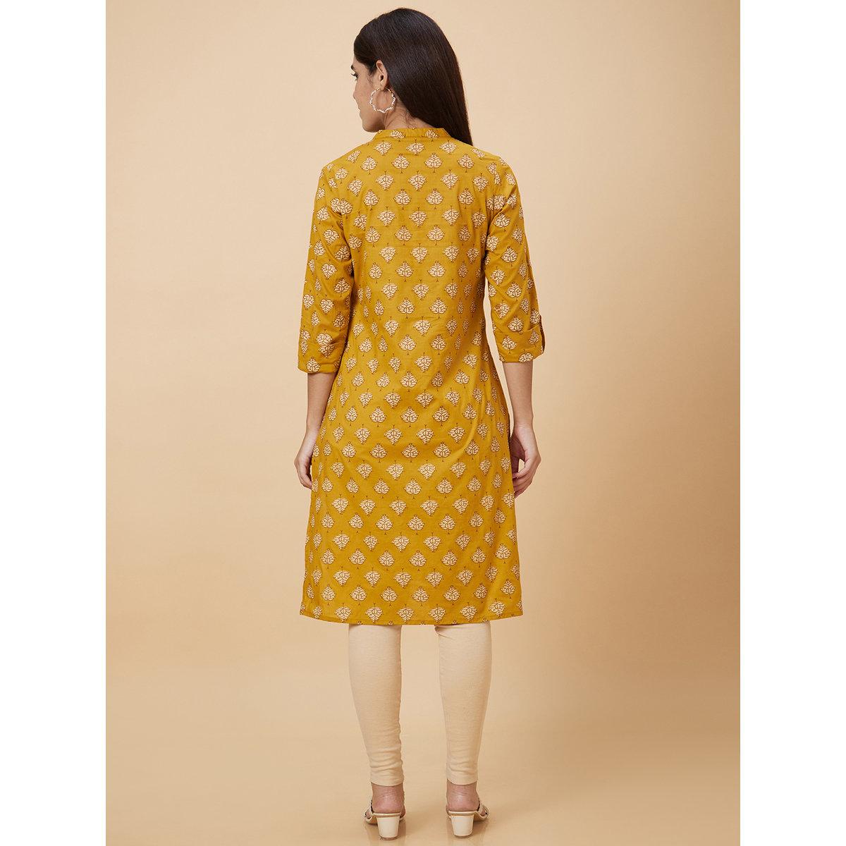 Globus X Styli Women Mustard Printed Straight Kurta-women-clothing-ethnicwear-kurtas-image-3