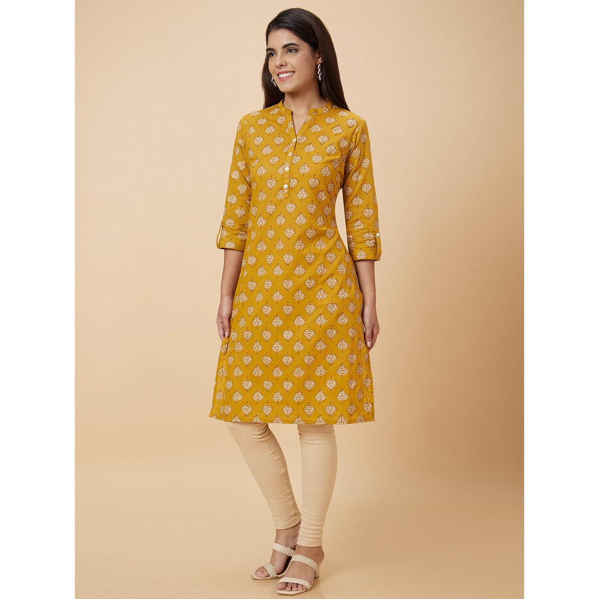 Globus X Styli Women Mustard Printed Straight Kurta-women-clothing-ethnicwear-kurtas-image-4